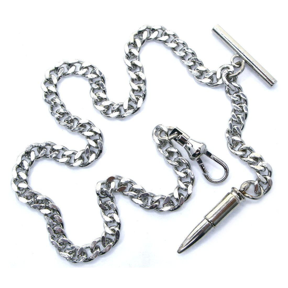 Albert Chain Silver Tone with Bullet Design Fob on Drop T Bar Swivel Clasp AC152