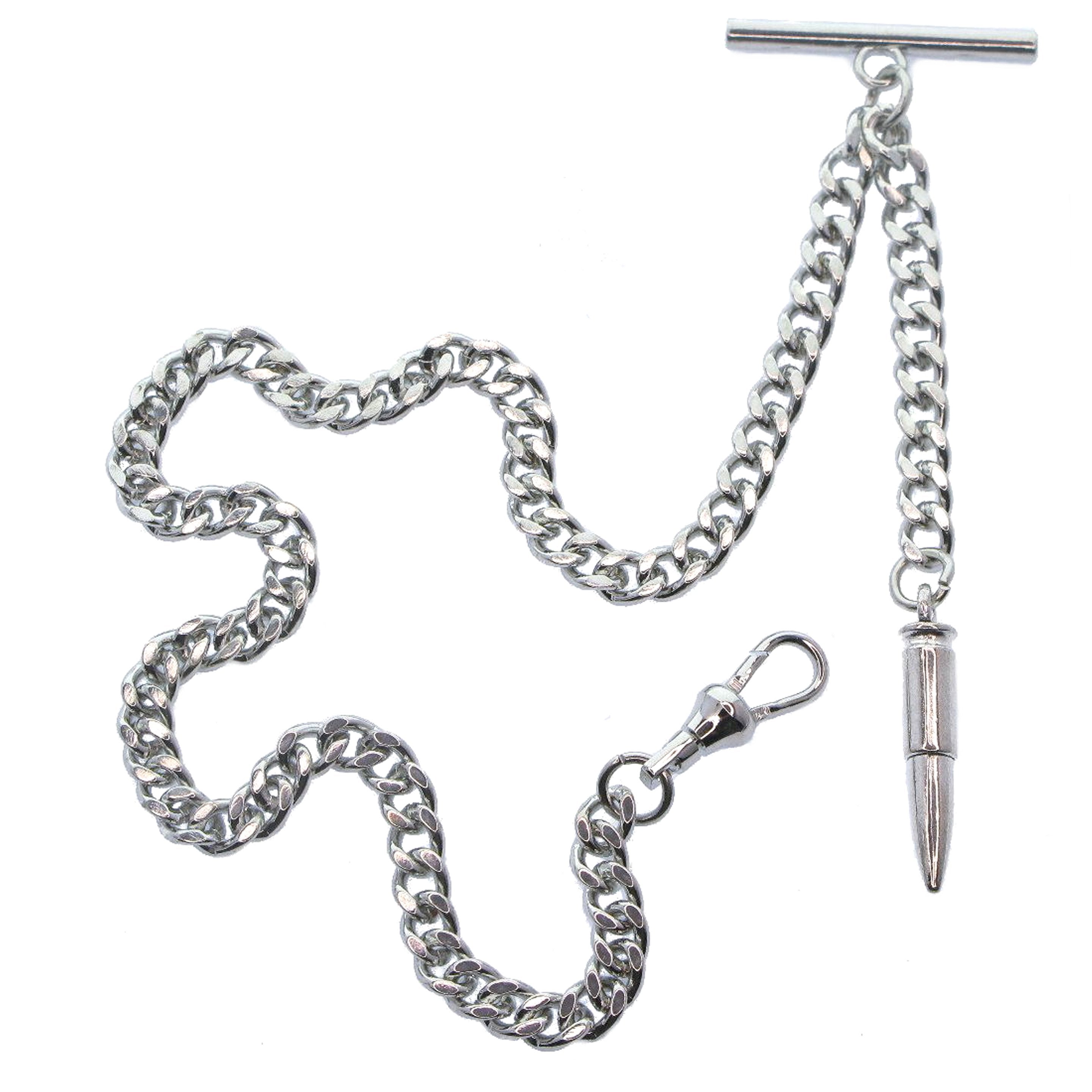 Albert Chain Silver Tone with Bullet Design Fob on Drop T Bar Swivel Clasp AC152