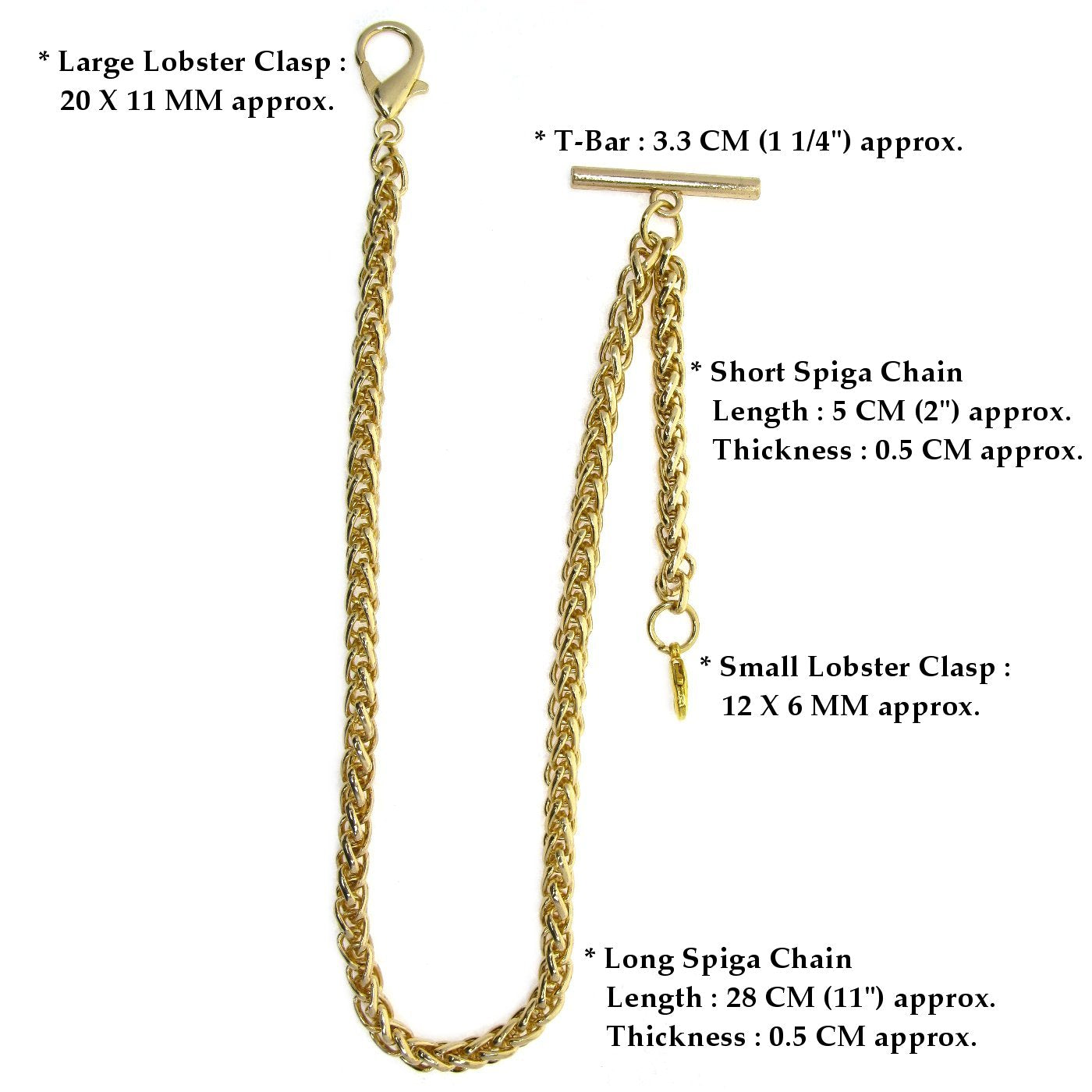 Albert Chain Gold Color Pocket Watch Chain Vest Chain for Men Heavy Wheat Spiga Rope Chain with Lobster Clip on Drop Fob T Bar AC154
