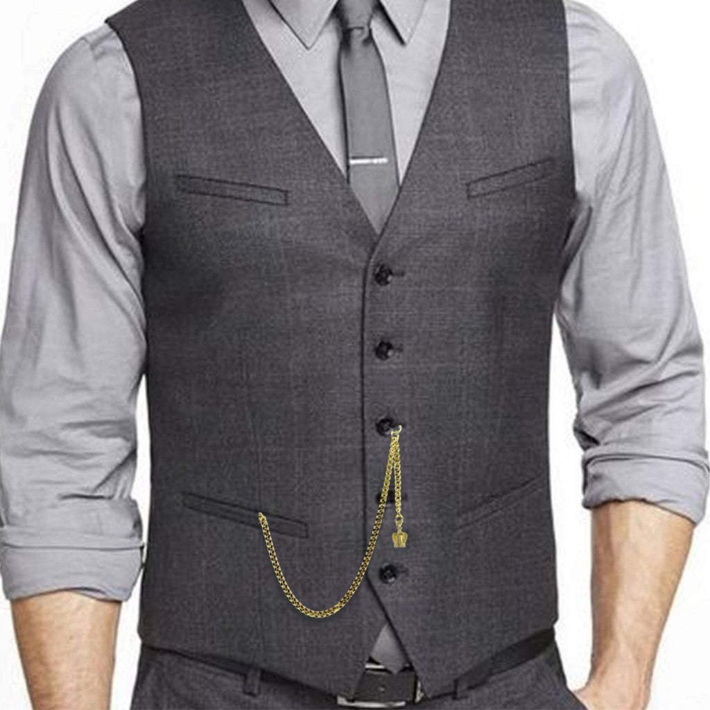 Albert Chain Gold Tone Fine Polish Pocket Watch Chain Vest Chain for Men with Crown Design Fob T-Bar Swivel Clip AC157