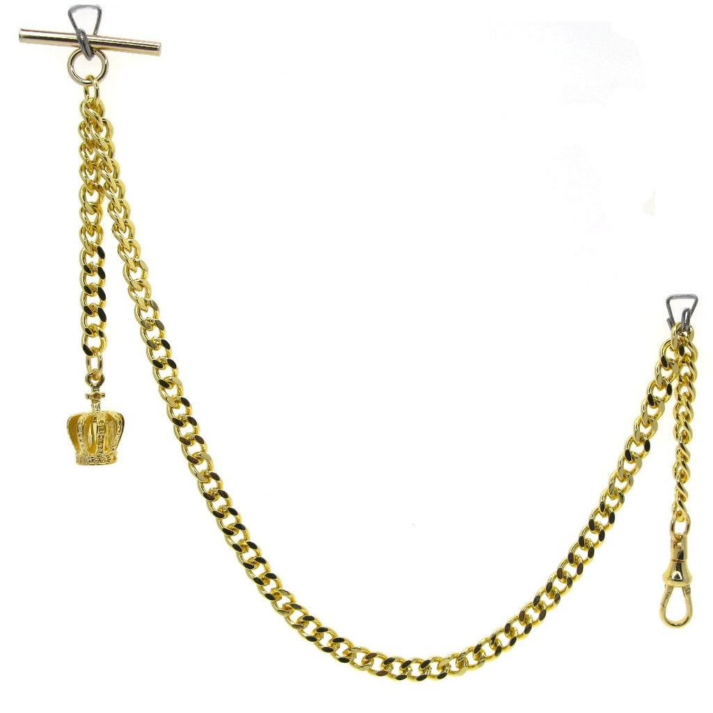 Albert Chain Gold Tone Fine Polish Pocket Watch Chain Vest Chain for Men with Crown Design Fob T-Bar Swivel Clip AC157