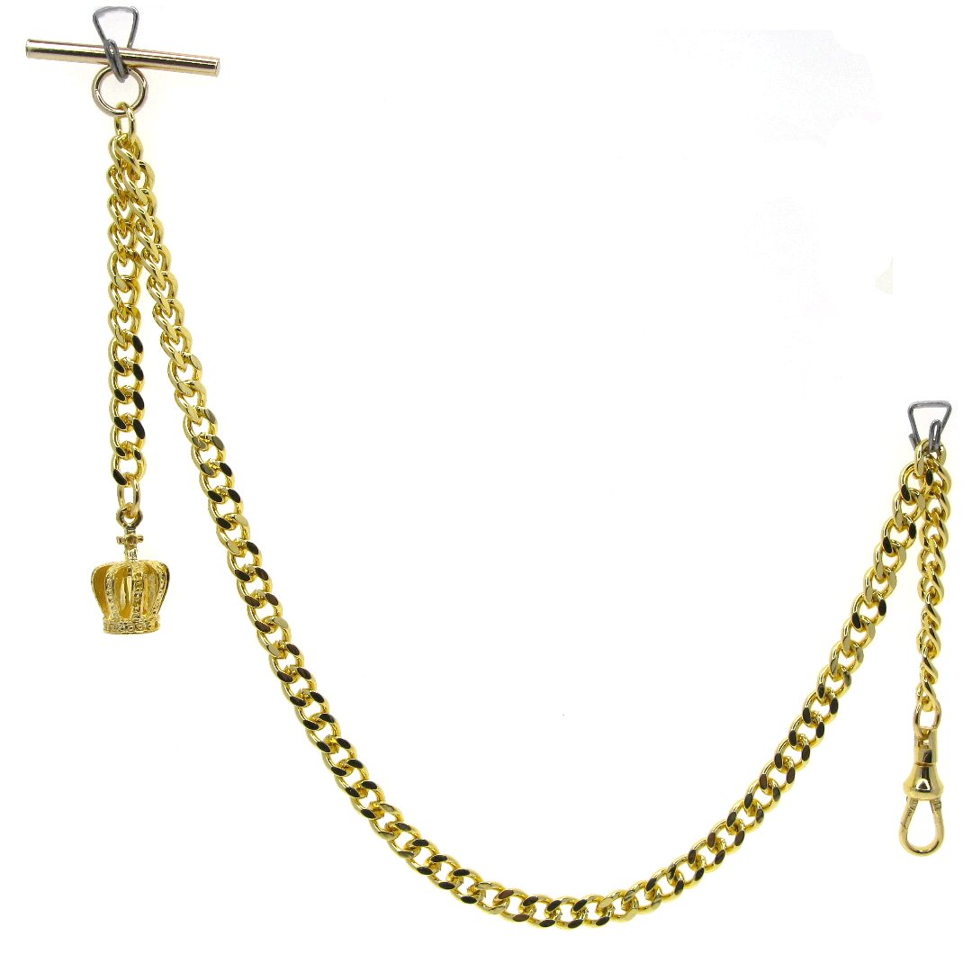 Albert Chain Gold Tone Fine Polish Pocket Watch Chain Vest Chain for Men with Crown Design Fob T-Bar Swivel Clip AC157