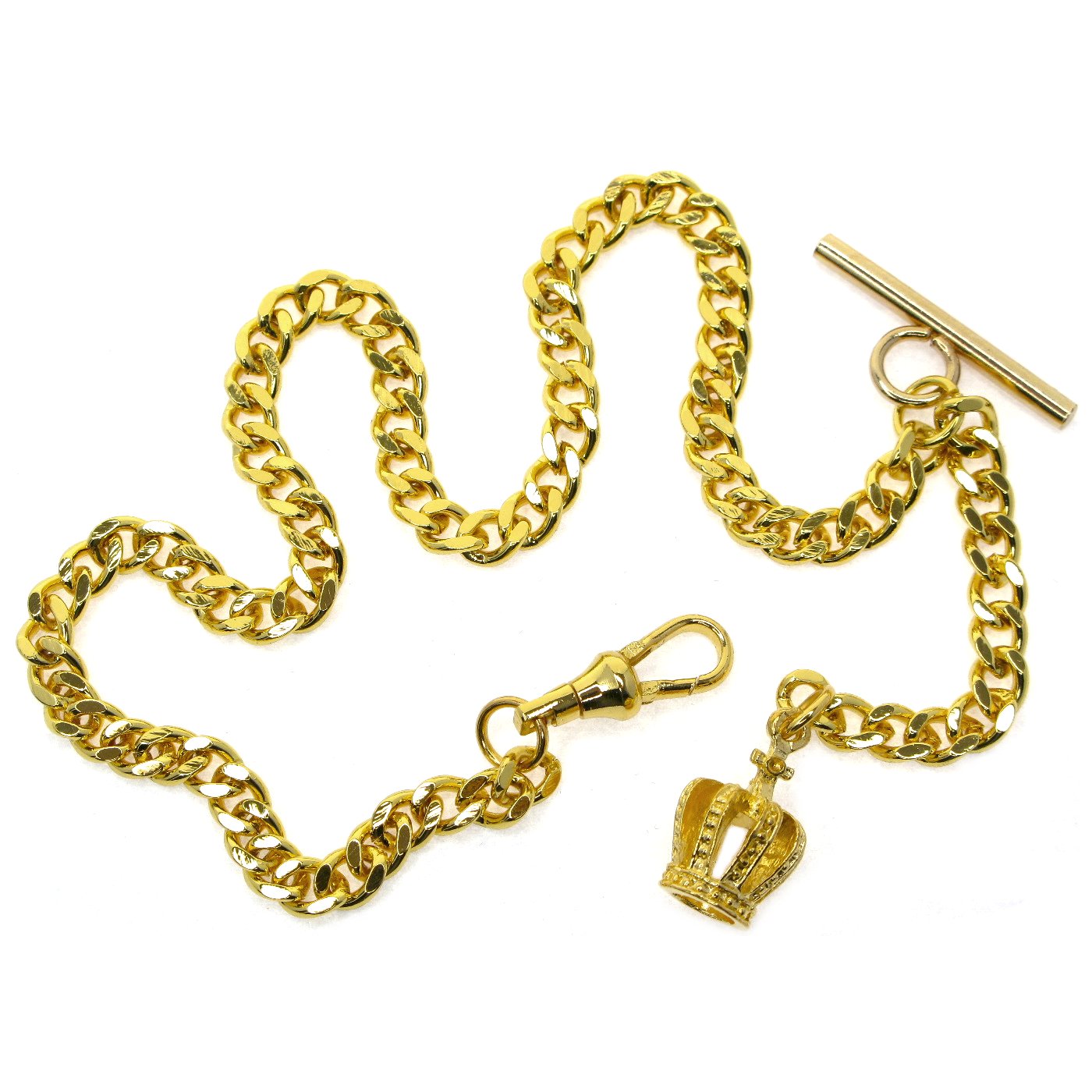 Albert Chain Gold Tone Fine Polish Pocket Watch Chain Vest Chain for Men with Crown Design Fob T-Bar Swivel Clip AC157