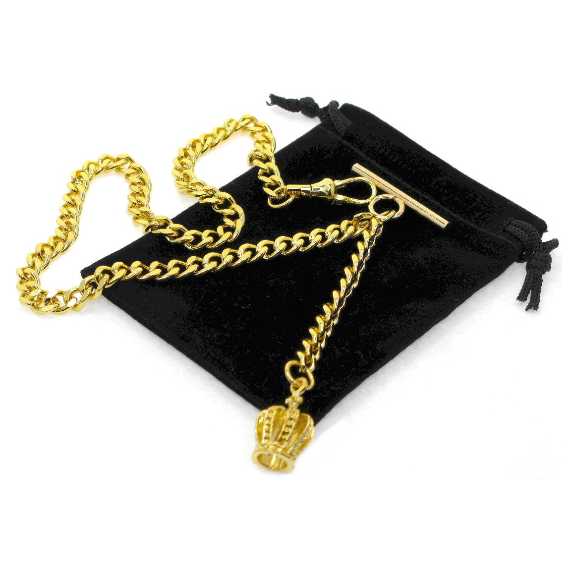 Albert Chain Gold Tone Fine Polish Pocket Watch Chain Vest Chain for Men with Crown Design Fob T-Bar Swivel Clip AC157