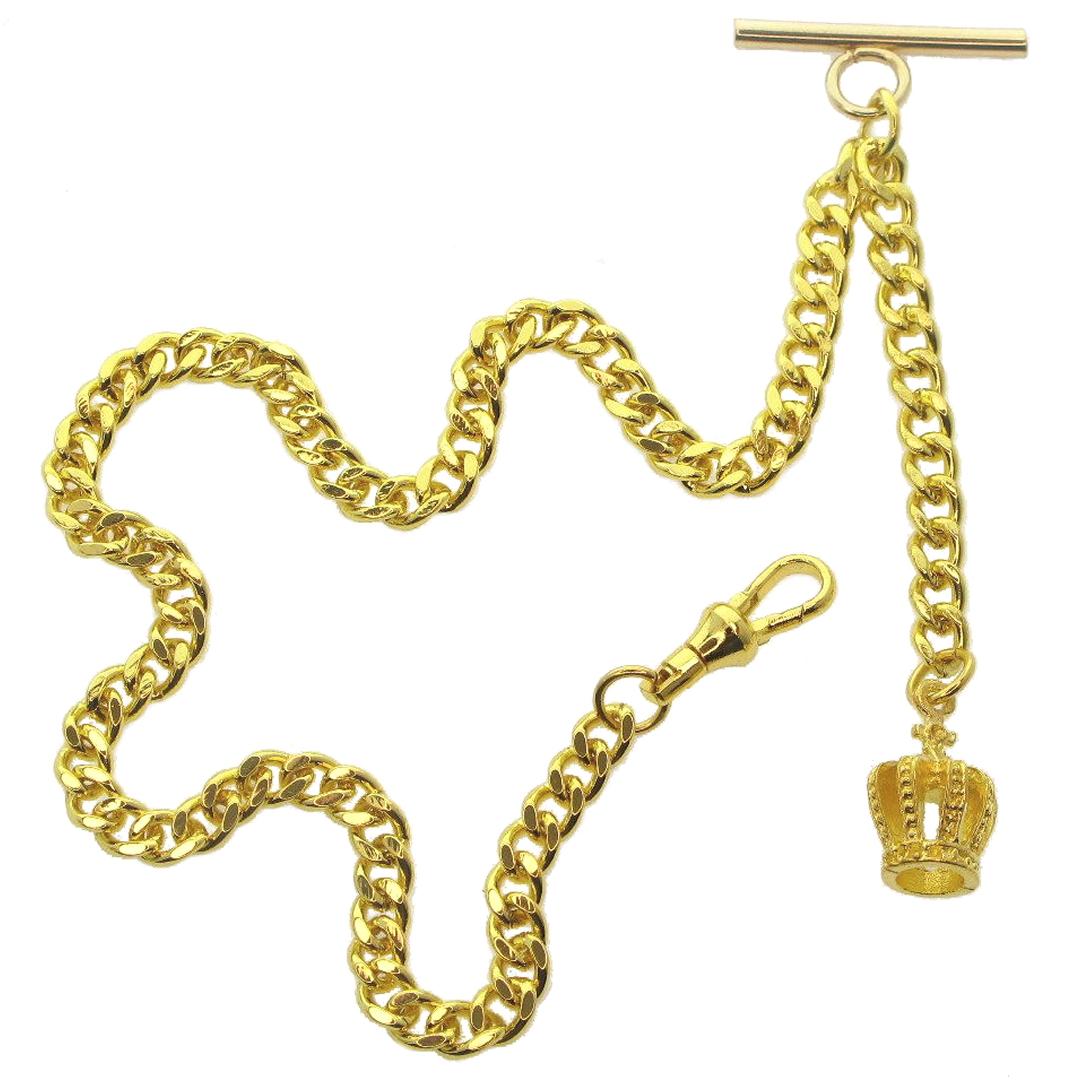 Albert Chain Gold Tone Fine Polish Pocket Watch Chain Vest Chain for Men with Crown Design Fob T-Bar Swivel Clip AC157