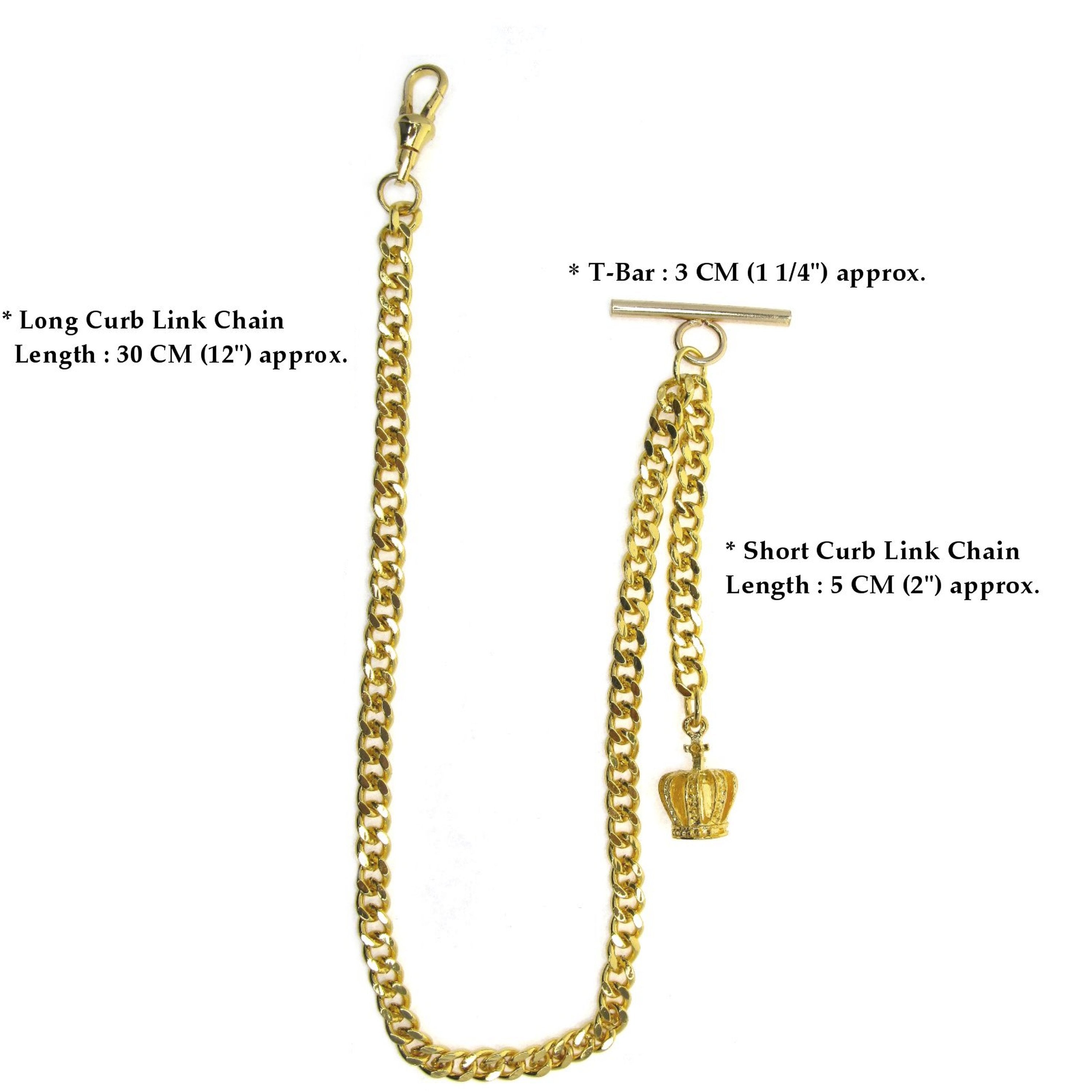 Albert Chain Gold Tone Fine Polish Pocket Watch Chain Vest Chain for Men with Crown Design Fob T-Bar Swivel Clip AC157