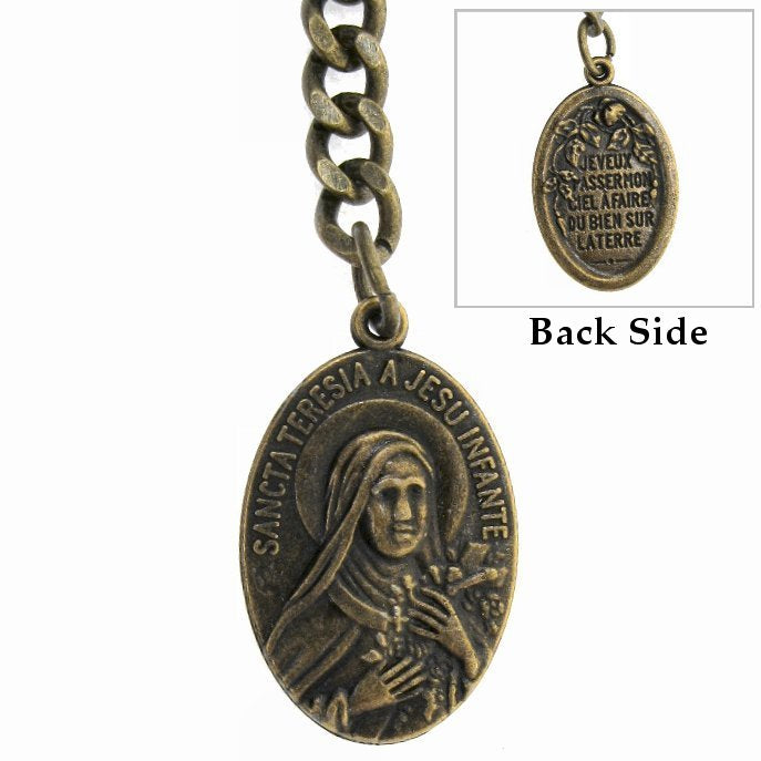 Albert Chain Antique Brass Color Pocket Watch Chain Vest Chain with Saint Theresa of Infant Jesus Religious Medal Fob T Bar Swivel Clasp AC159
