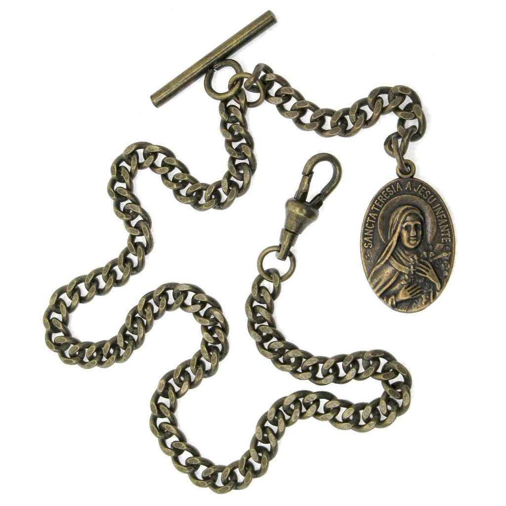 Albert Chain Antique Brass Color Pocket Watch Chain Vest Chain with Saint Theresa of Infant Jesus Religious Medal Fob T Bar Swivel Clasp AC159