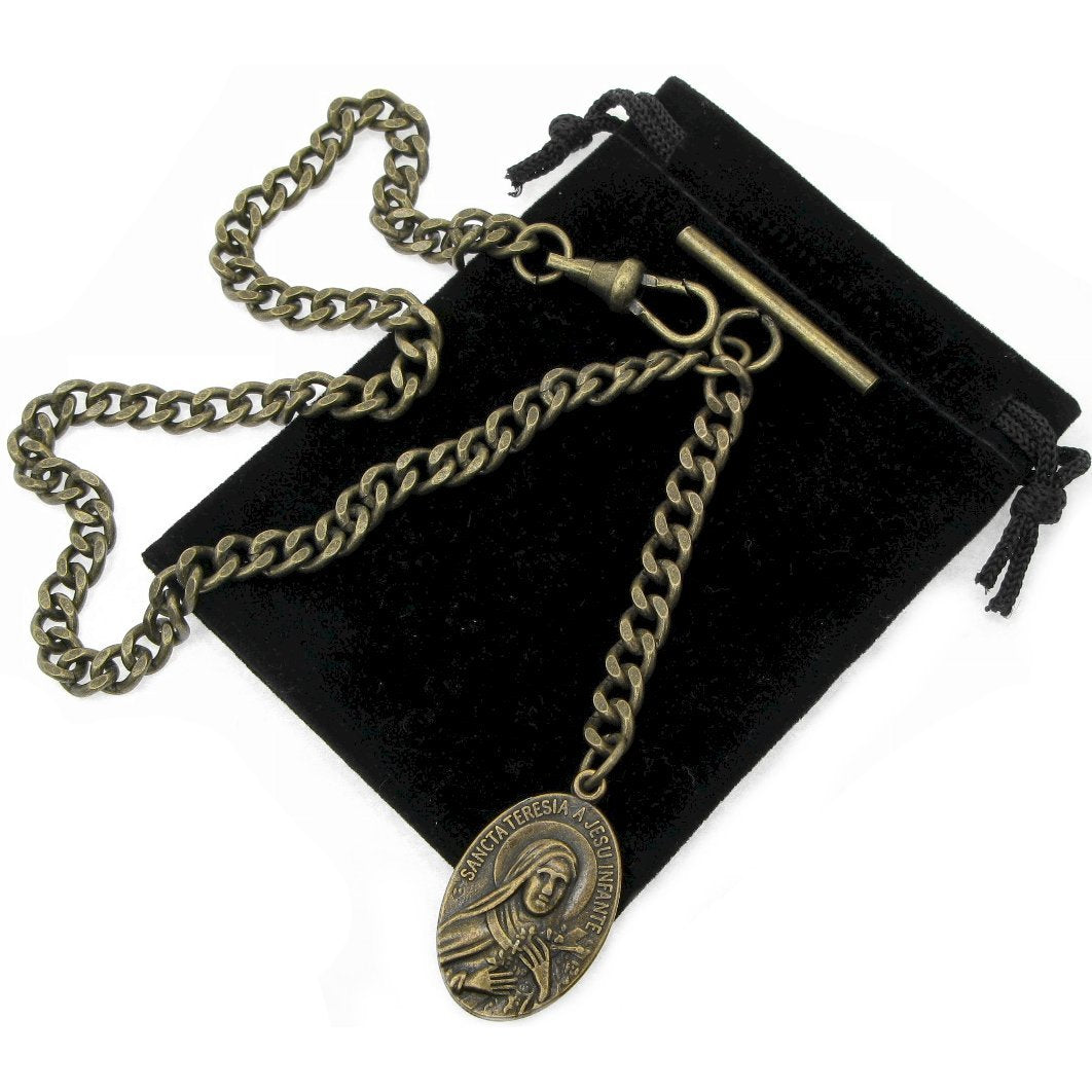 Albert Chain Antique Brass Color Pocket Watch Chain Vest Chain with Saint Theresa of Infant Jesus Religious Medal Fob T Bar Swivel Clasp AC159