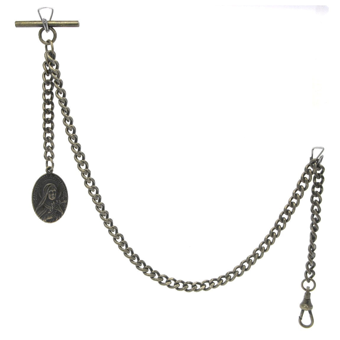 Albert Chain Antique Brass Color Pocket Watch Chain Vest Chain with Saint Theresa of Infant Jesus Religious Medal Fob T Bar Swivel Clasp AC159