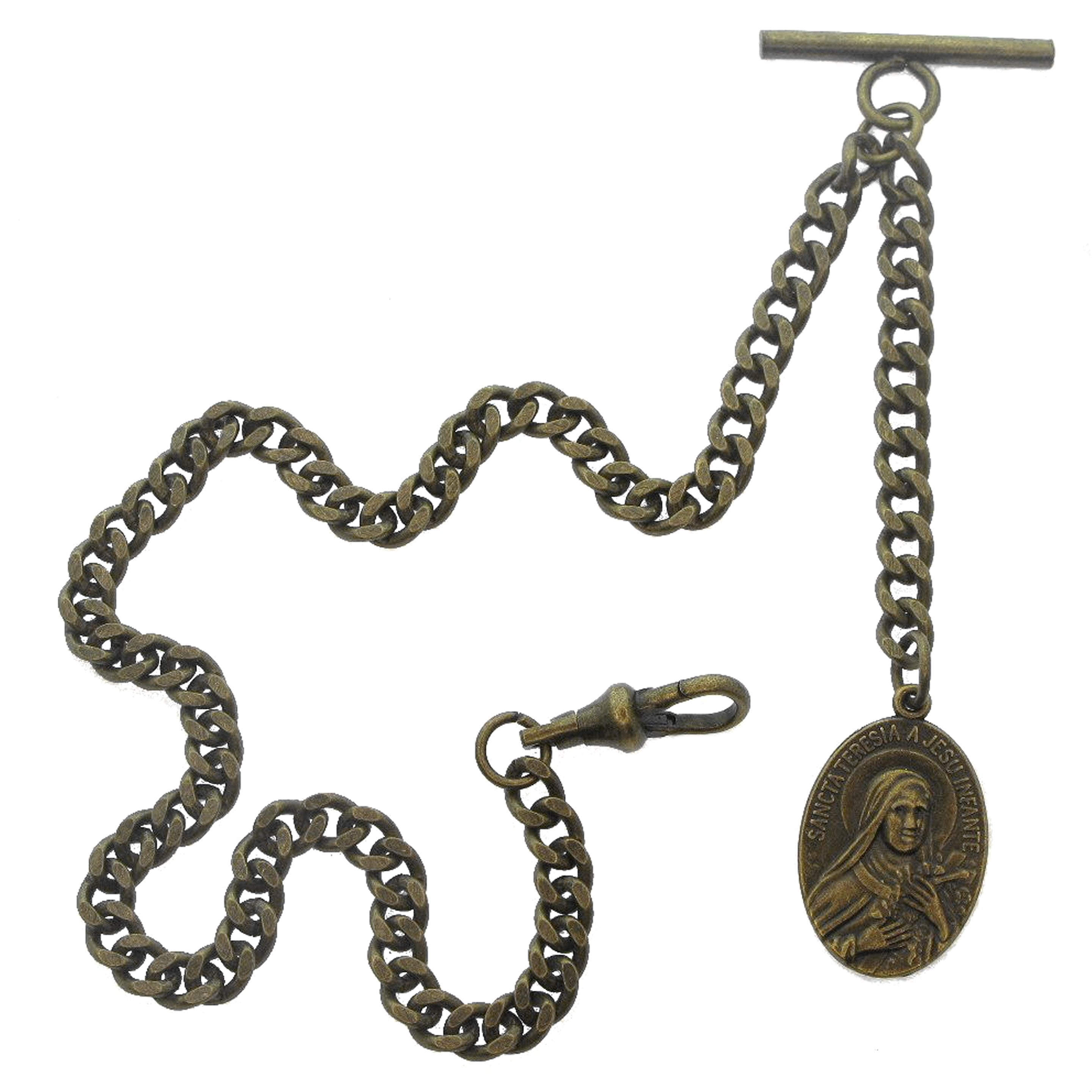 Albert Chain Antique Brass Color Pocket Watch Chain Vest Chain with Saint Theresa of Infant Jesus Religious Medal Fob T Bar Swivel Clasp AC159