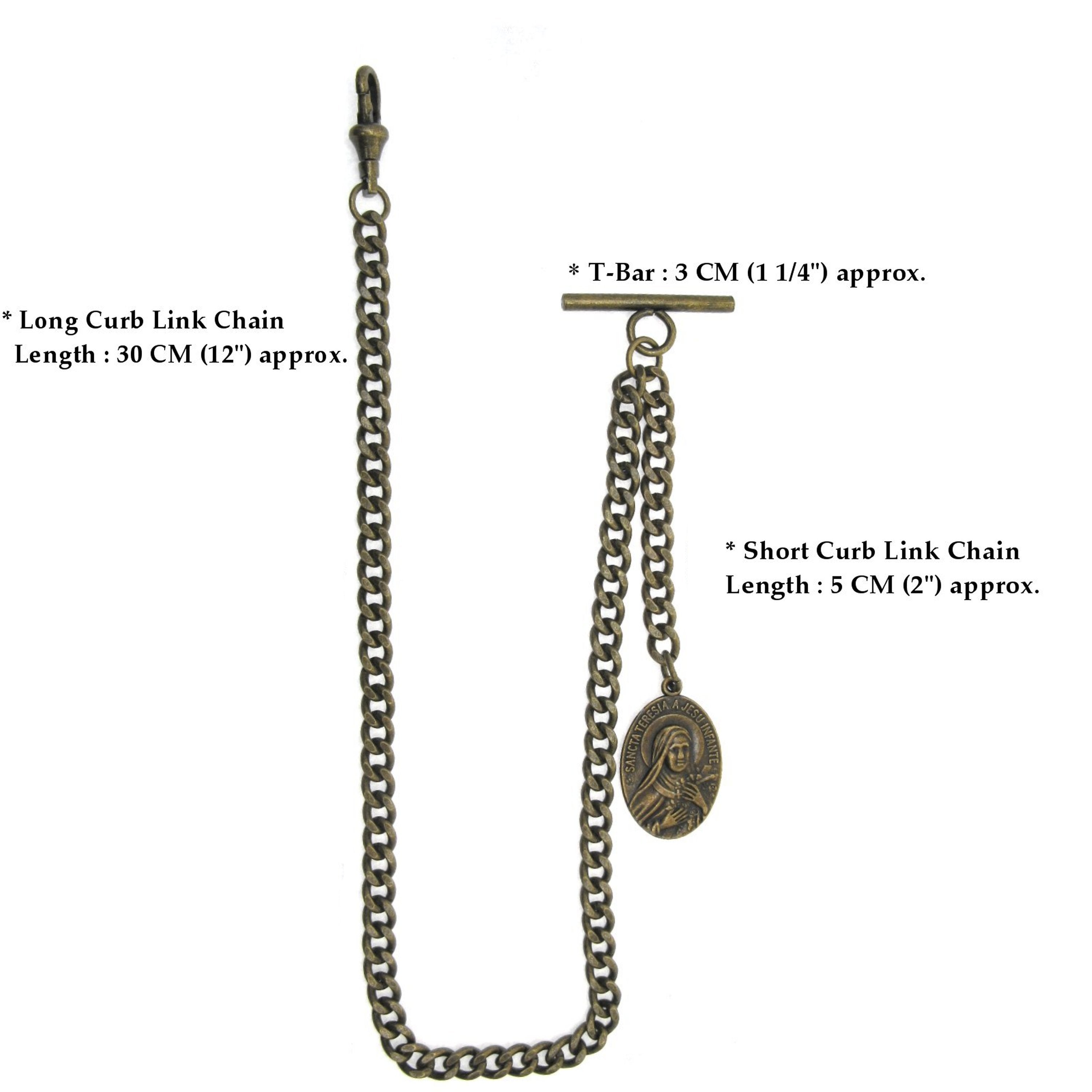 Albert Chain Antique Brass Color Pocket Watch Chain Vest Chain with Saint Theresa of Infant Jesus Religious Medal Fob T Bar Swivel Clasp AC159