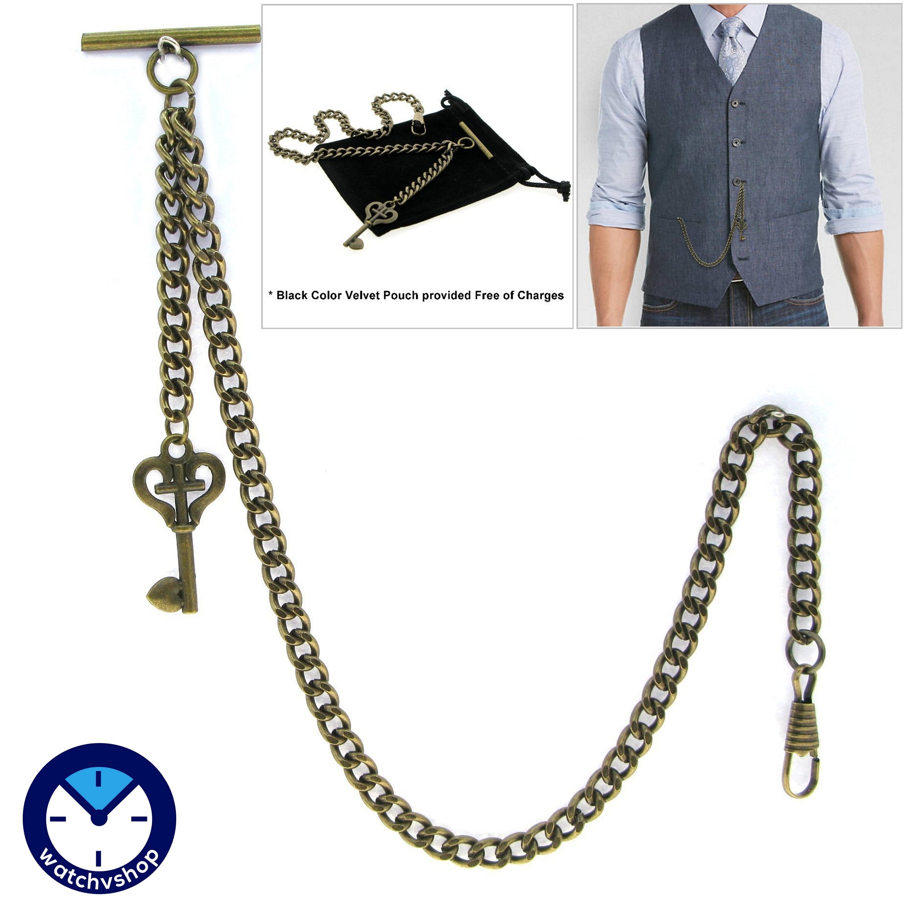 Albert Chain Pocket Watch Chains for Men Antique Brass Plating with Antique Key Design Fob T Bar AC16