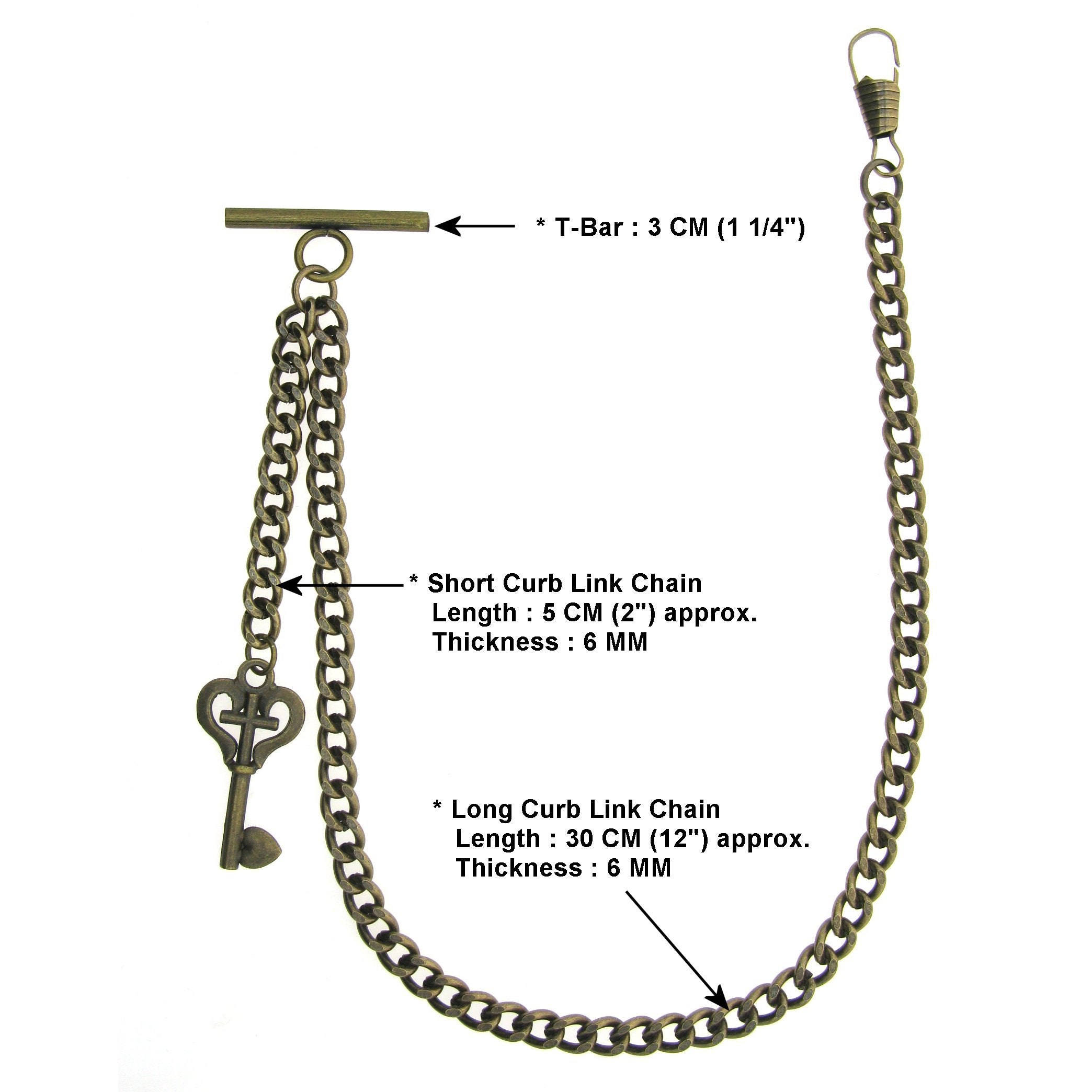 Albert Chain Pocket Watch Chains for Men Antique Brass Plating with Antique Key Design Fob T Bar AC16