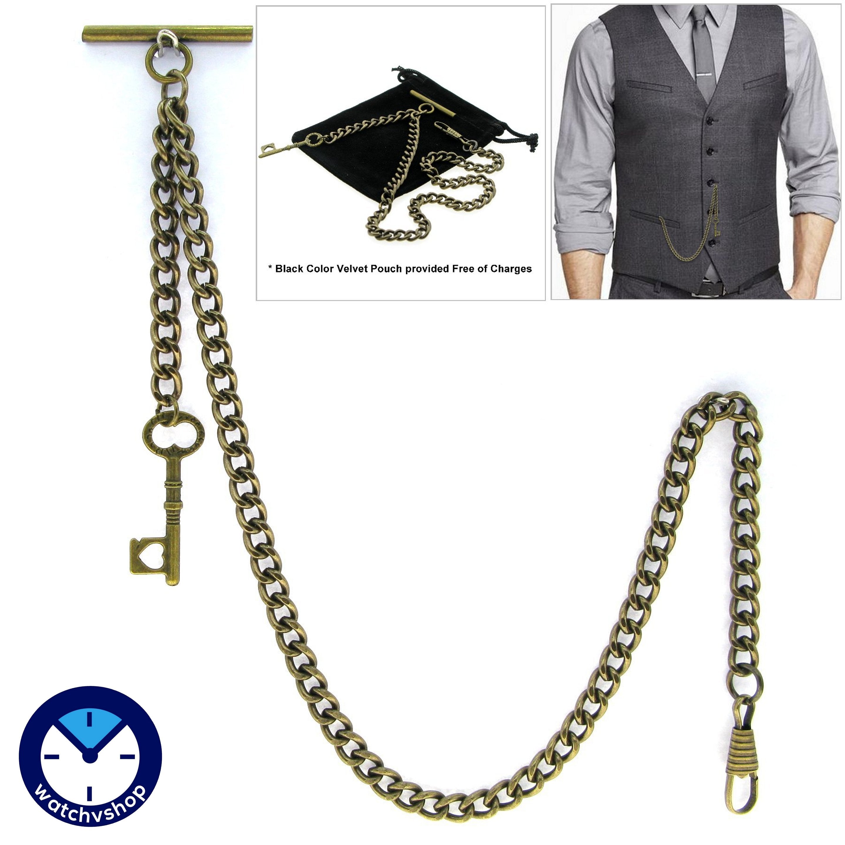 Albert Chain Pocket Watch Curb Link Chain Antique Brass Plating Key Fob T Bar AC17