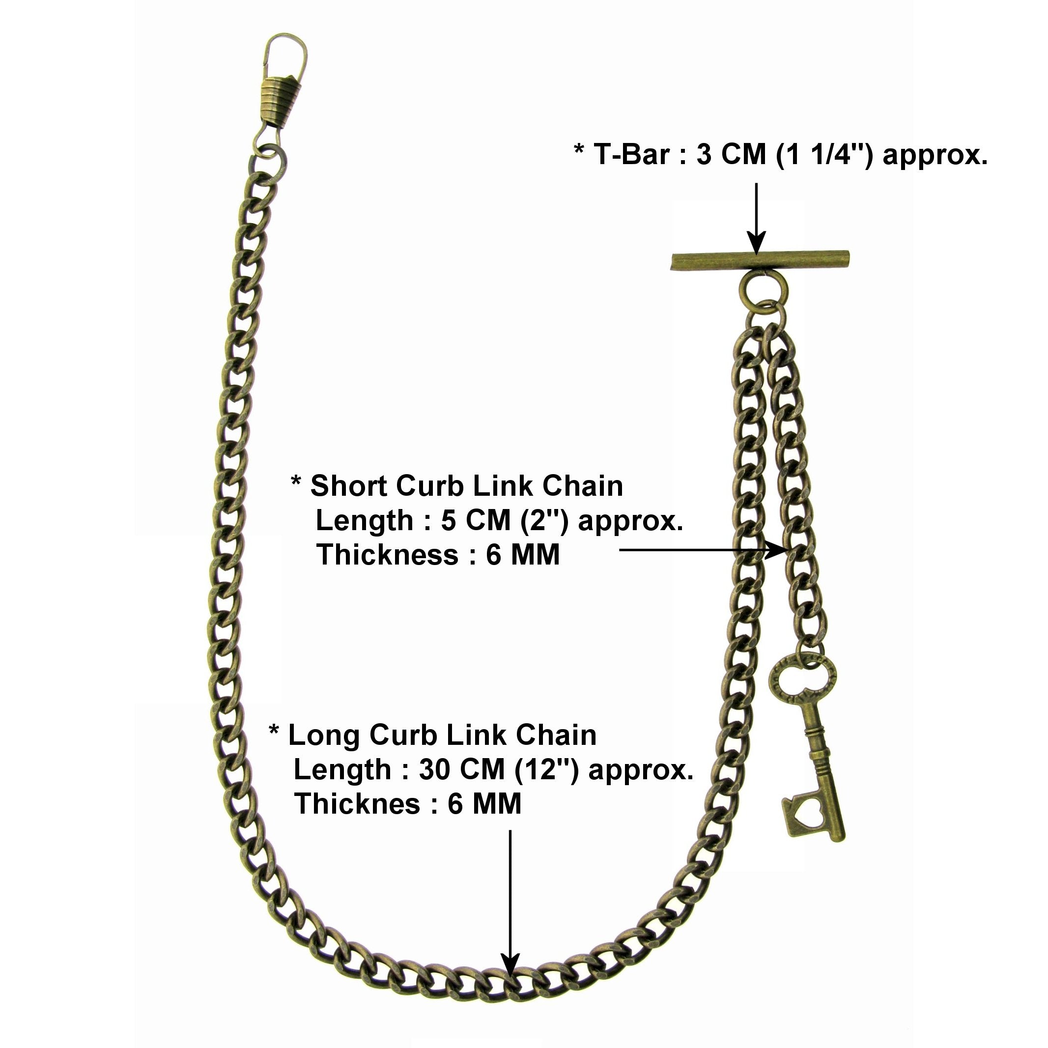 Albert Chain Pocket Watch Curb Link Chain Antique Brass Plating Key Fob T Bar AC17