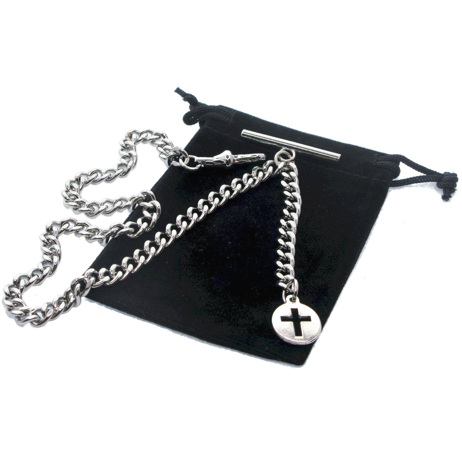 Silver Color Albert Chain with Mini Cross Medal Fob T Bar AC185