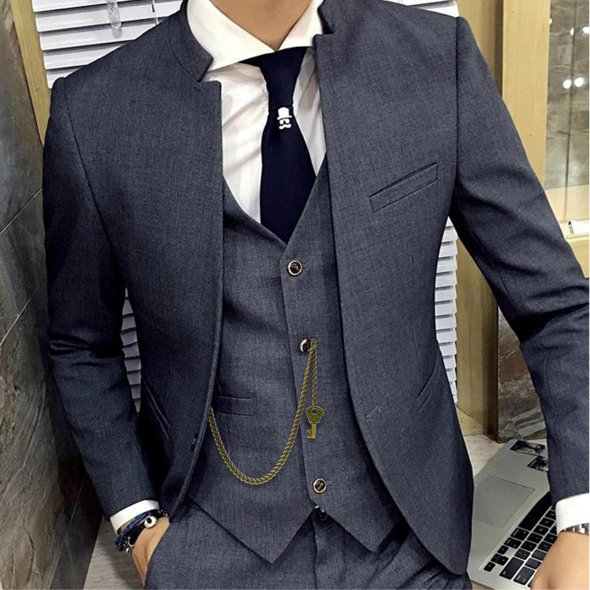 Albert Chain Pocket Watch Chains for Men Antique Brass Plating with Antique Key Design Fob T Bar AC18