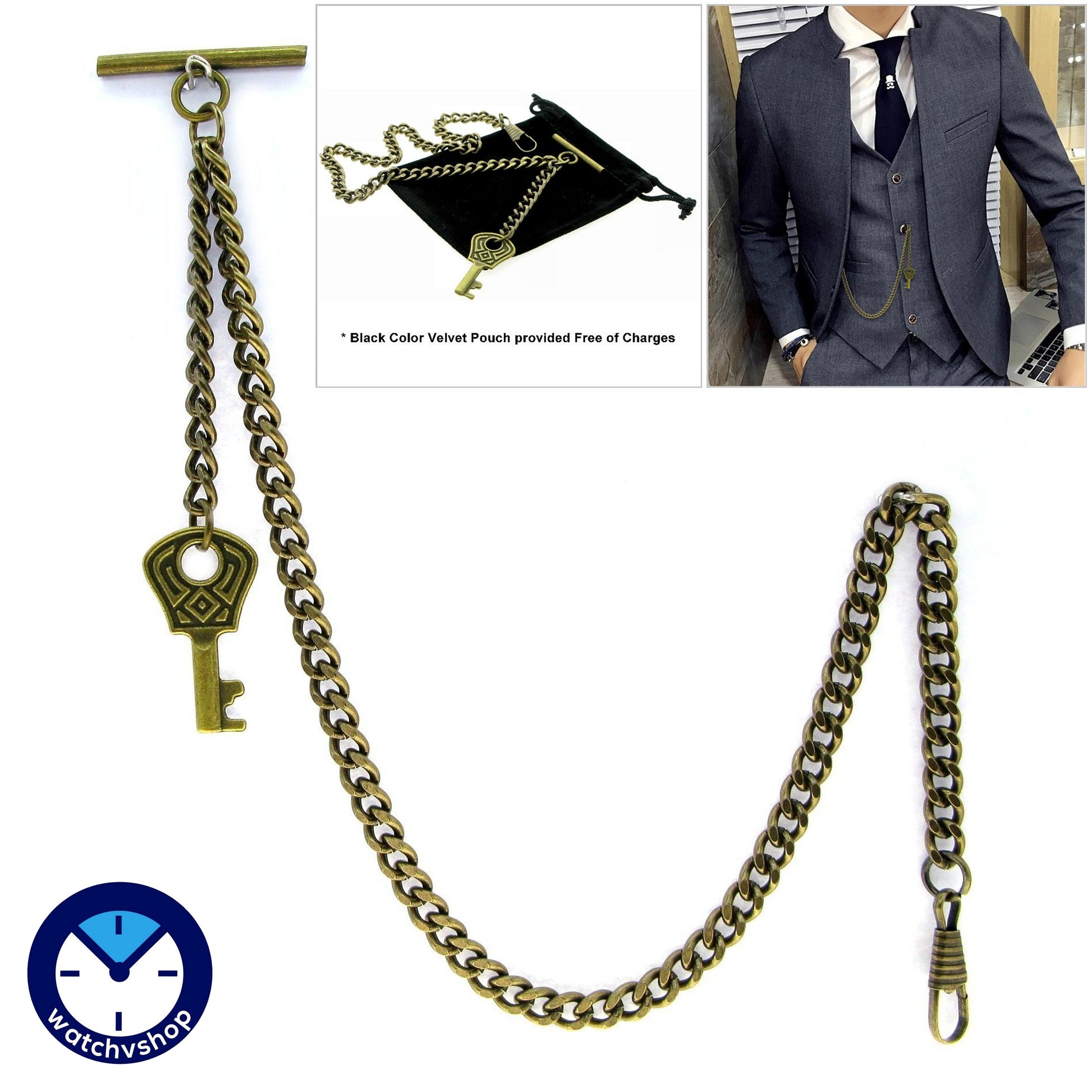 Albert Chain Pocket Watch Chains for Men Antique Brass Plating with Antique Key Design Fob T Bar AC18