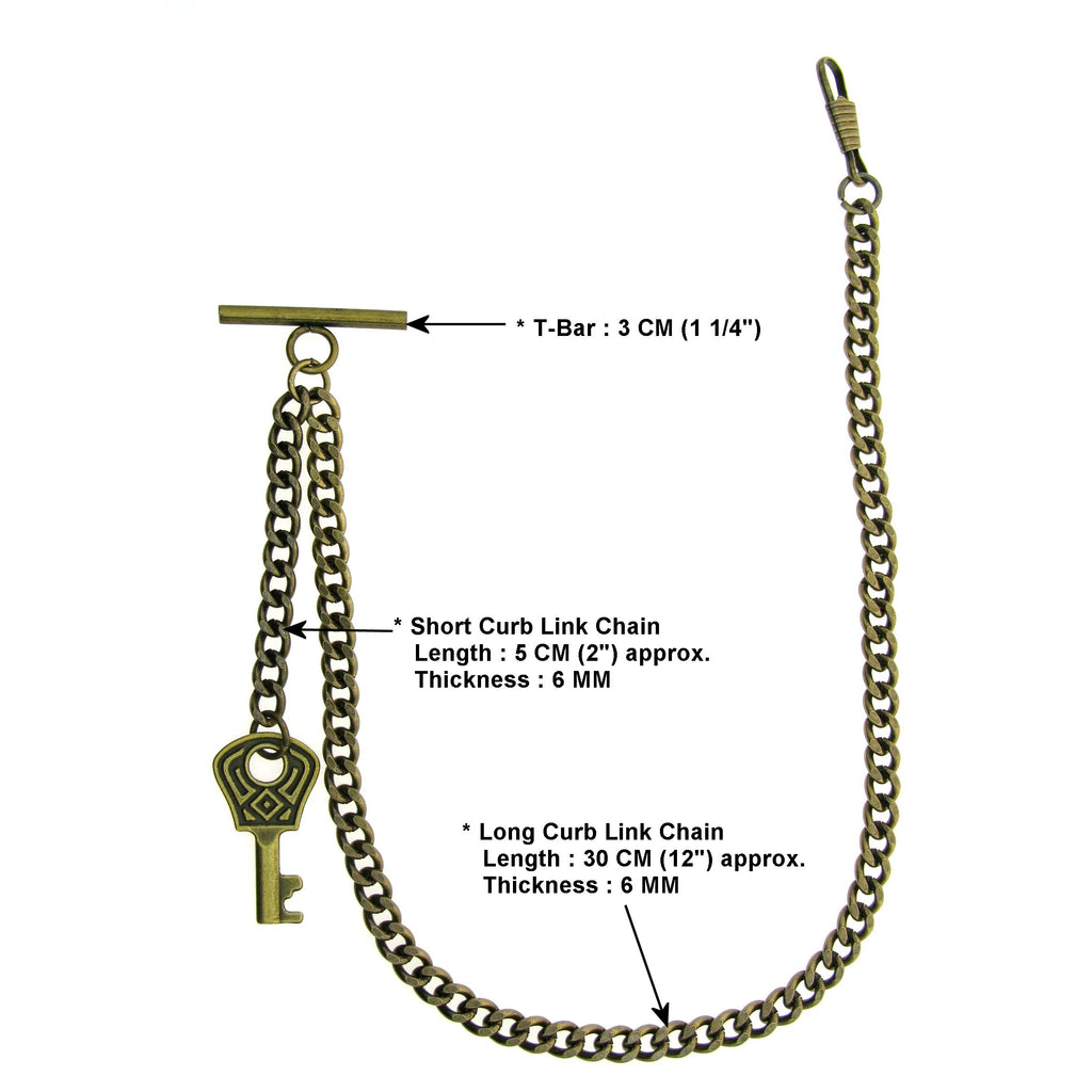 Albert Chain Pocket Watch Chains for Men Antique Brass Plating with Antique Key Design Fob T Bar AC18