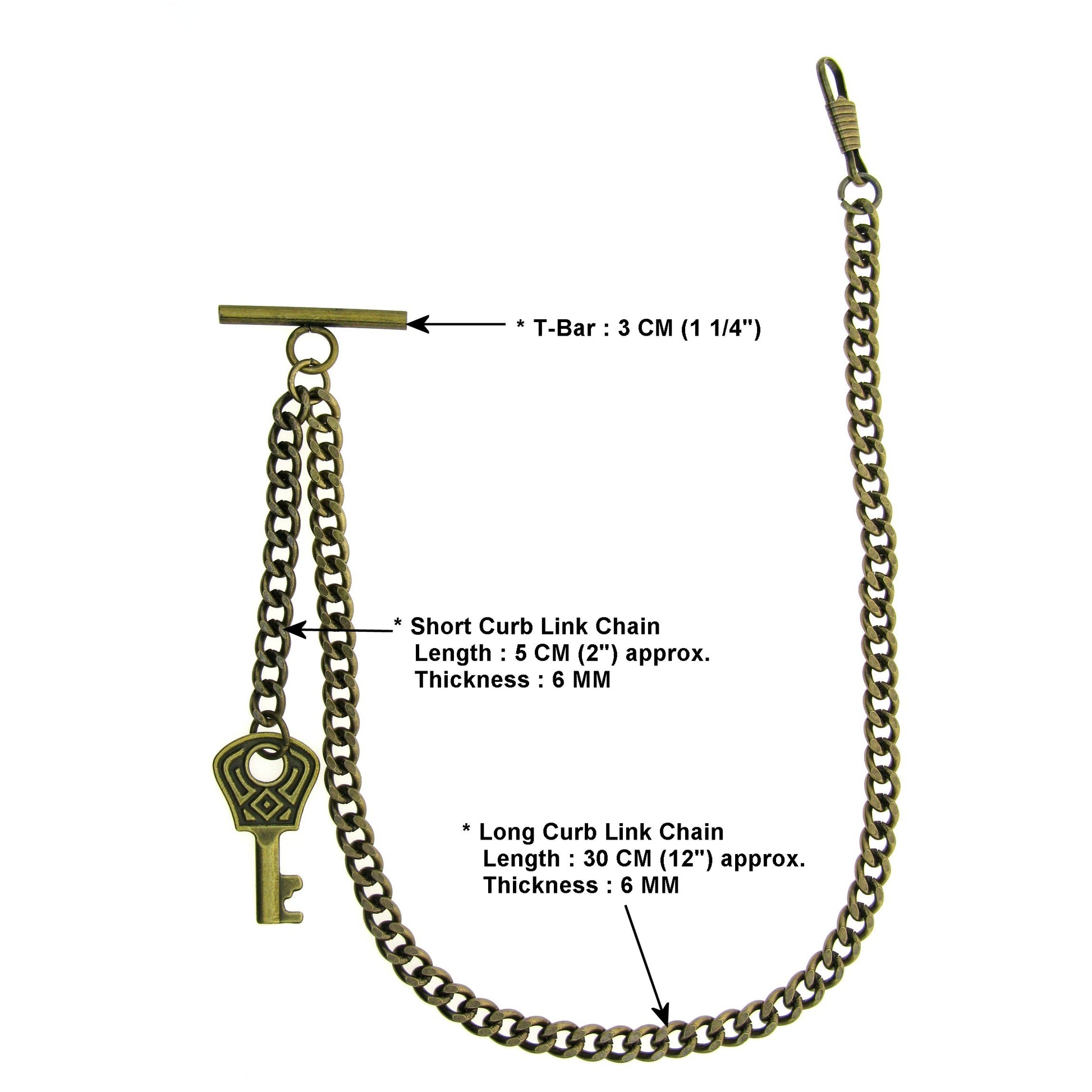 Albert Chain Pocket Watch Chains for Men Antique Brass Plating with Antique Key Design Fob T Bar AC18