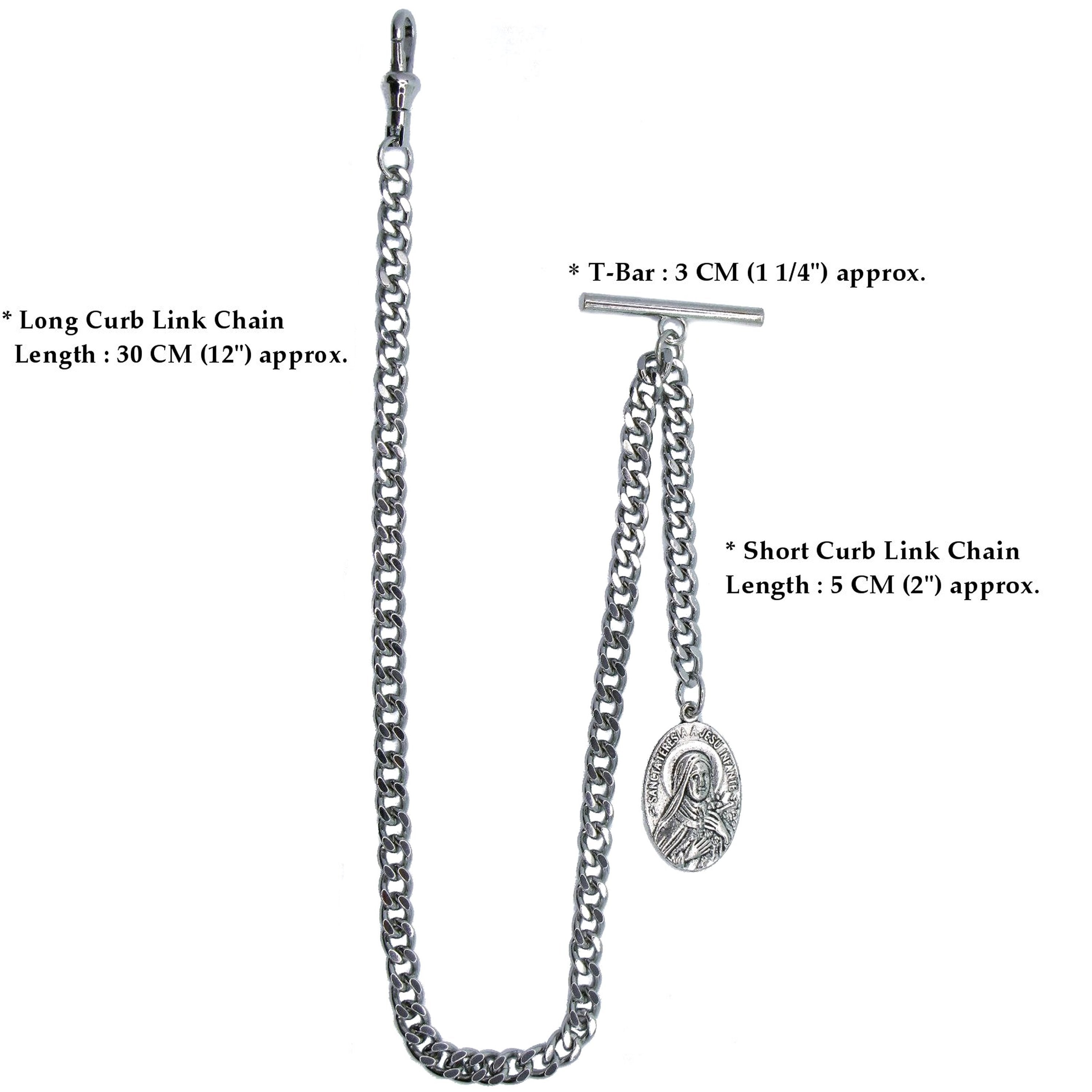 Albert Chain Antique Silver Color with Saint Theresa of Infant Jesus Religious Medal Fob AC190