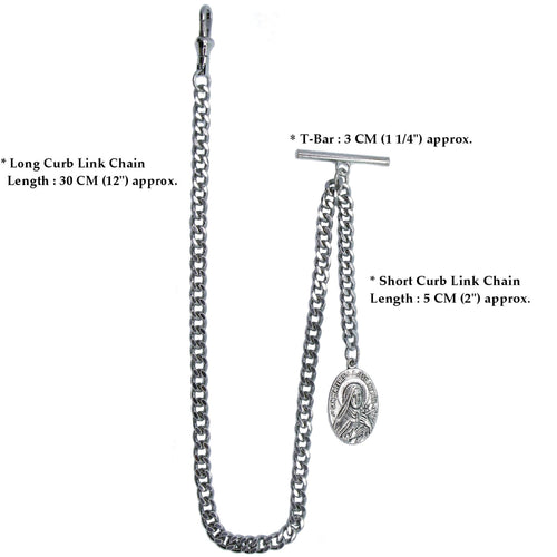Albert Chain Antique Silver Color with Saint Theresa of Infant Jesus Religious Medal Fob AC190