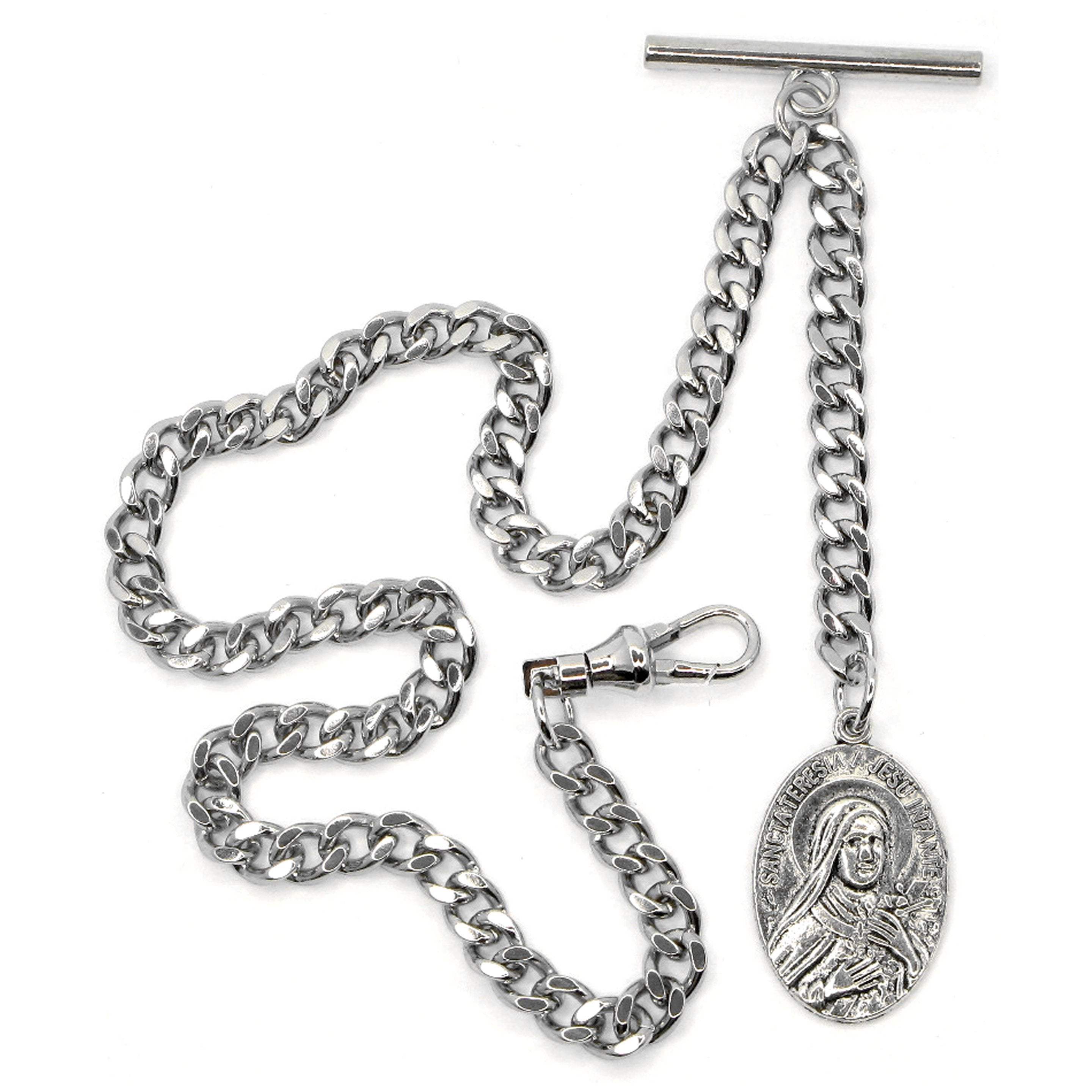 Albert Chain Antique Silver Color with Saint Theresa of Infant Jesus Religious Medal Fob AC190