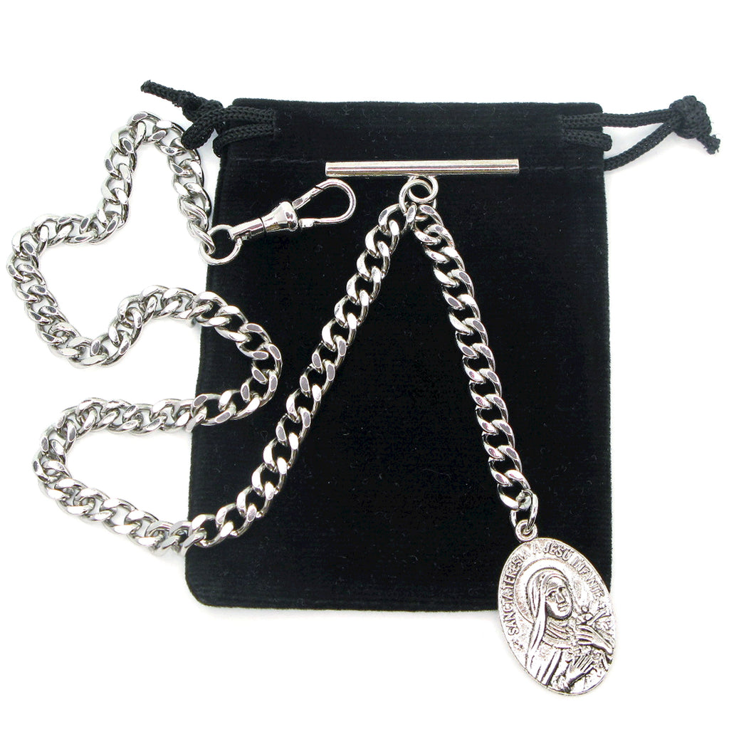 Albert Chain Antique Silver Color with Saint Theresa of Infant Jesus Religious Medal Fob AC190