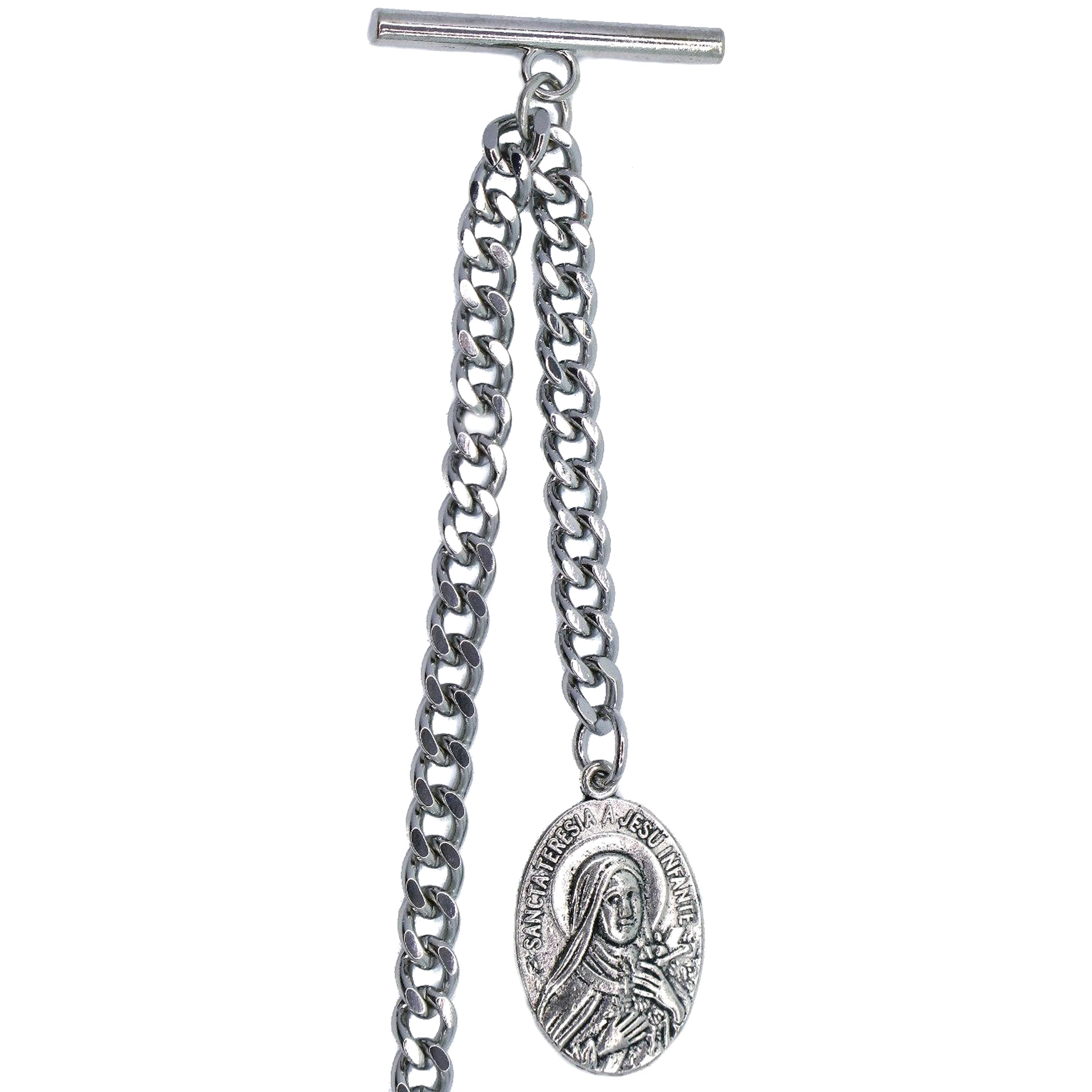 Albert Chain Antique Silver Color with Saint Theresa of Infant Jesus Religious Medal Fob AC190