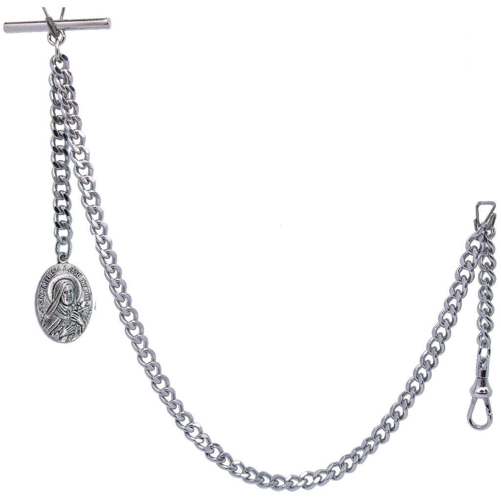 Albert Chain Antique Silver Color with Saint Theresa of Infant Jesus Religious Medal Fob AC190
