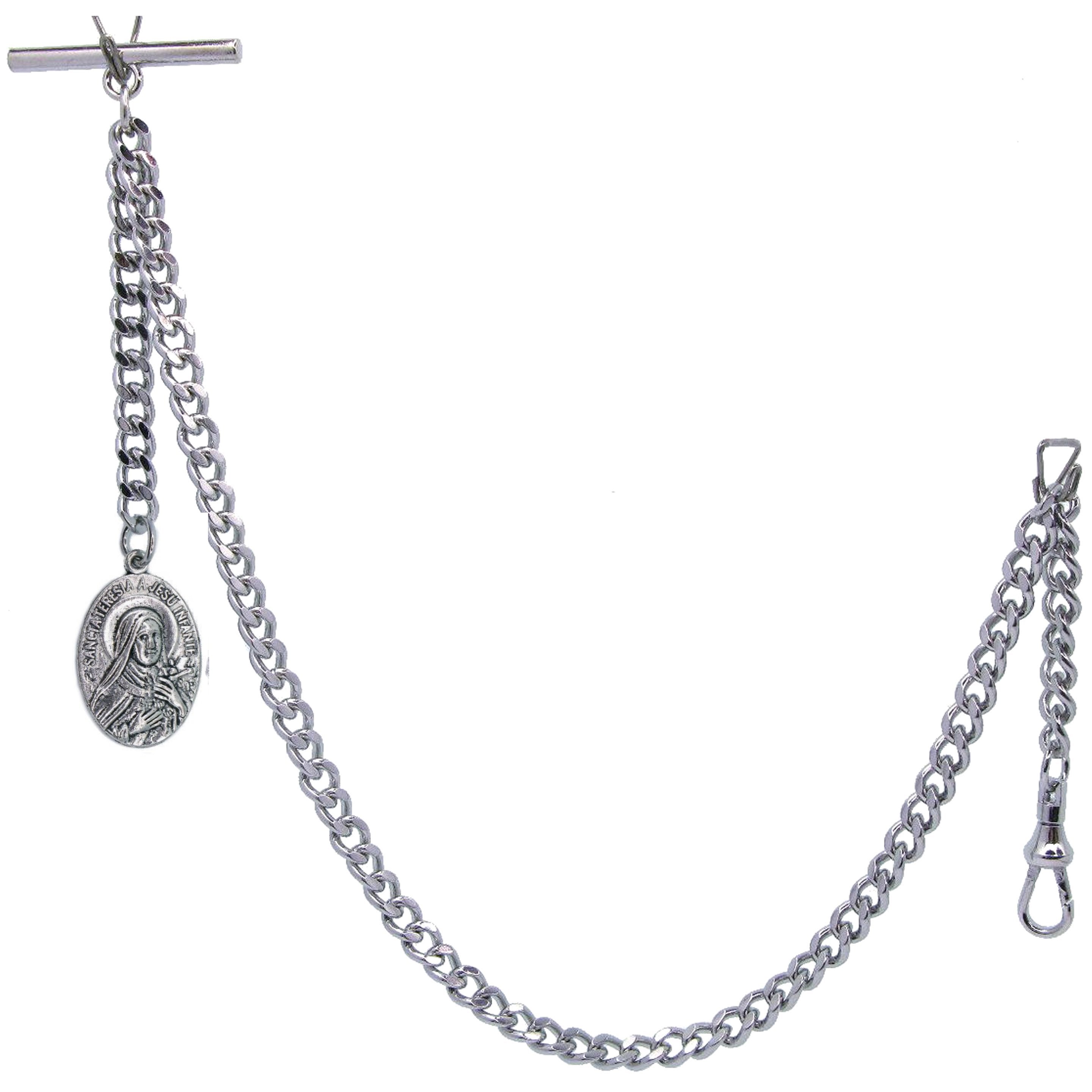 Albert Chain Antique Silver Color with Saint Theresa of Infant Jesus Religious Medal Fob AC190