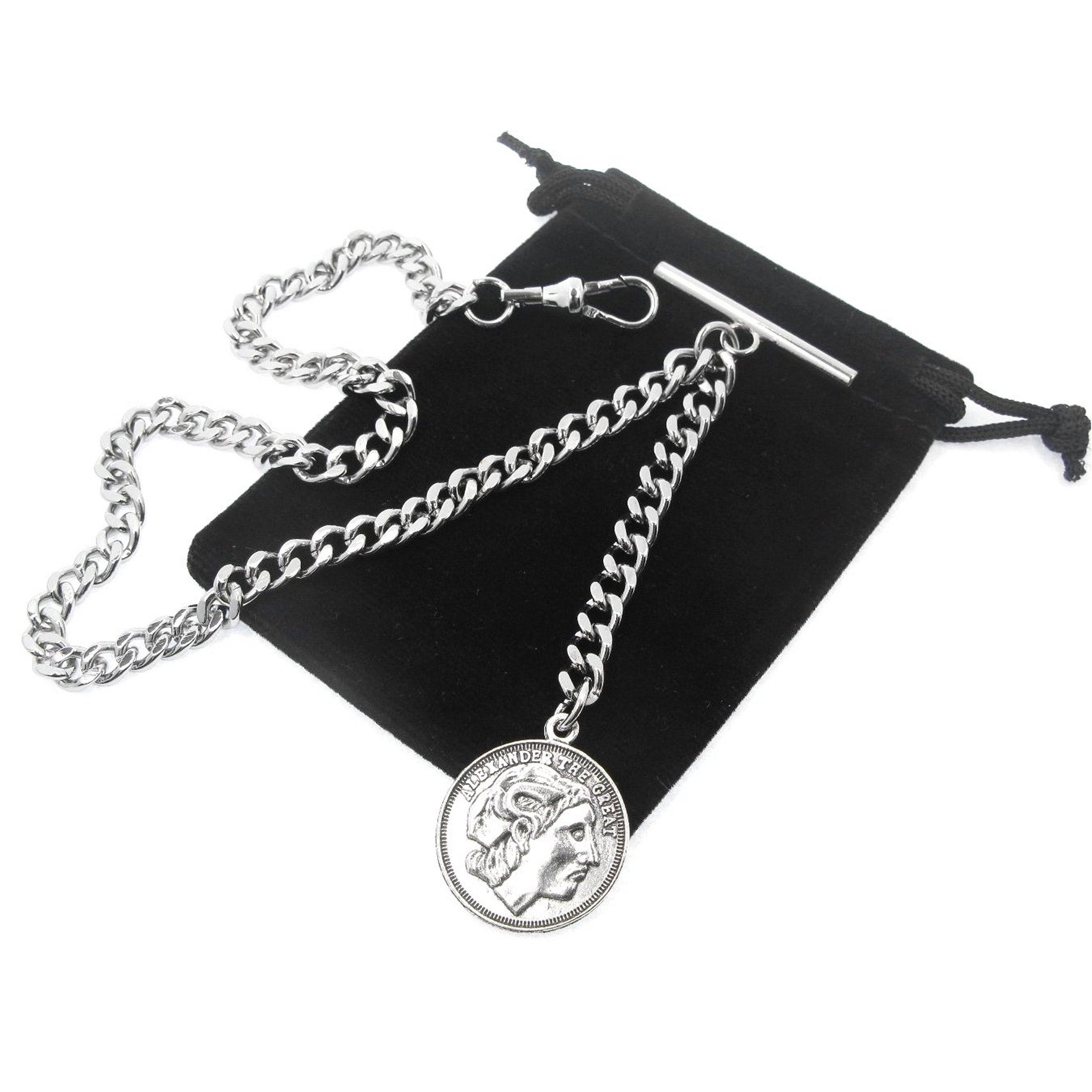 Albert Chain Silver Color with Alexander The Great Medal Fob AC192