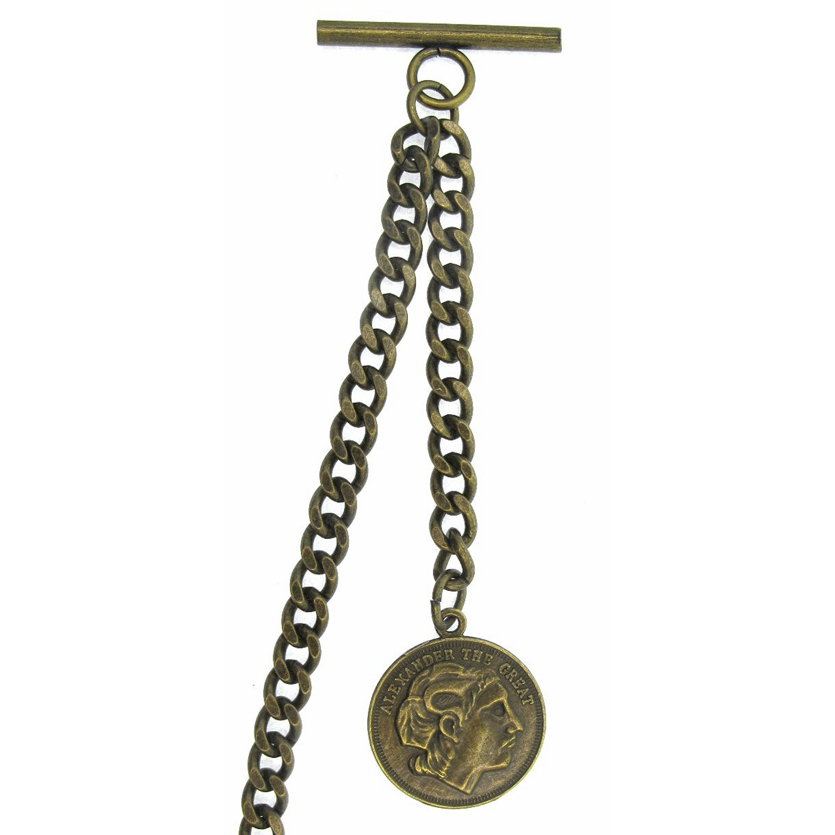 Albert Chain Bronze Color Pocket Watch Chain Fob Chain with Alexander The Great Medal Fob T Bar Swivel Clasp AC193