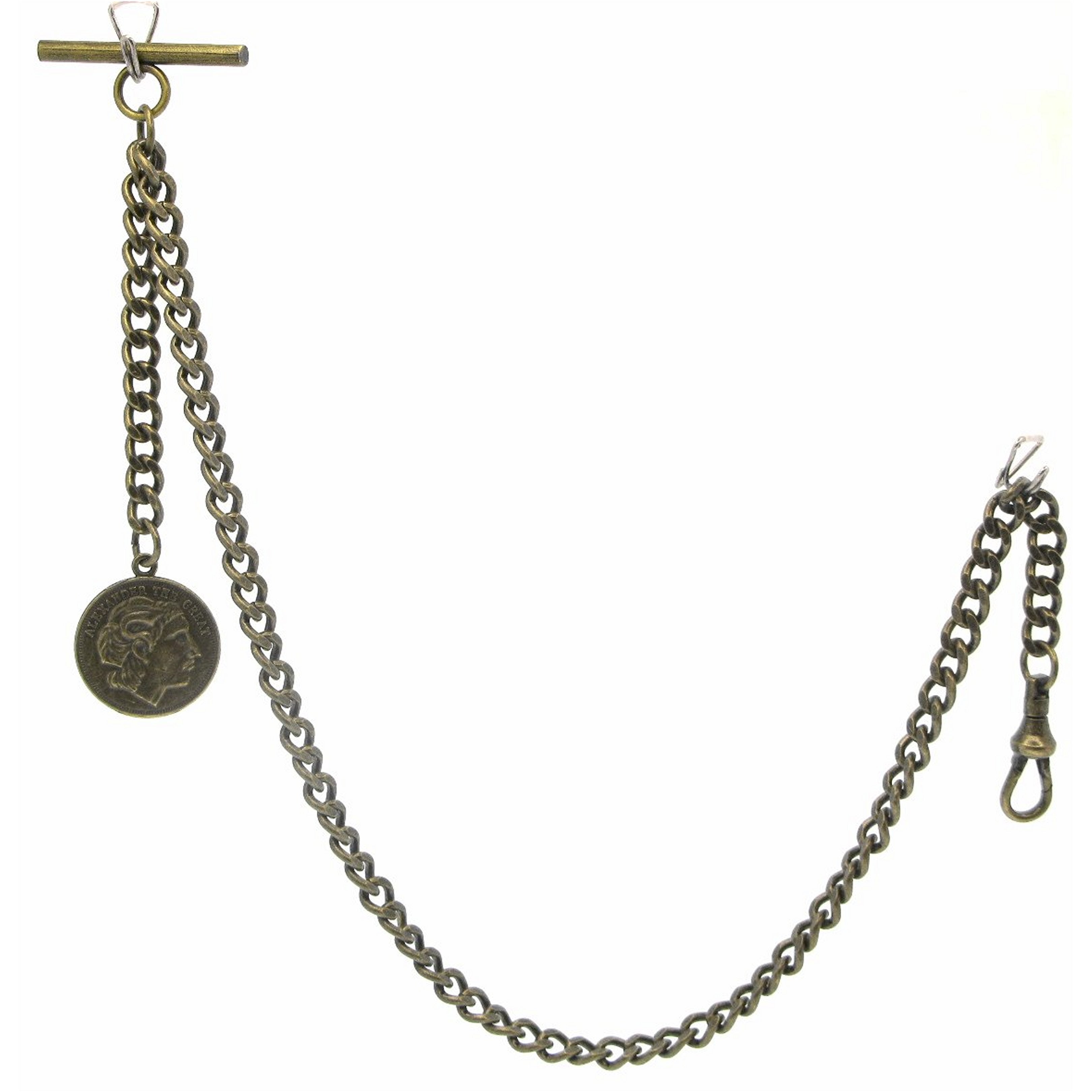 Albert Chain Bronze Color Pocket Watch Chain Fob Chain with Alexander The Great Medal Fob T Bar Swivel Clasp AC193