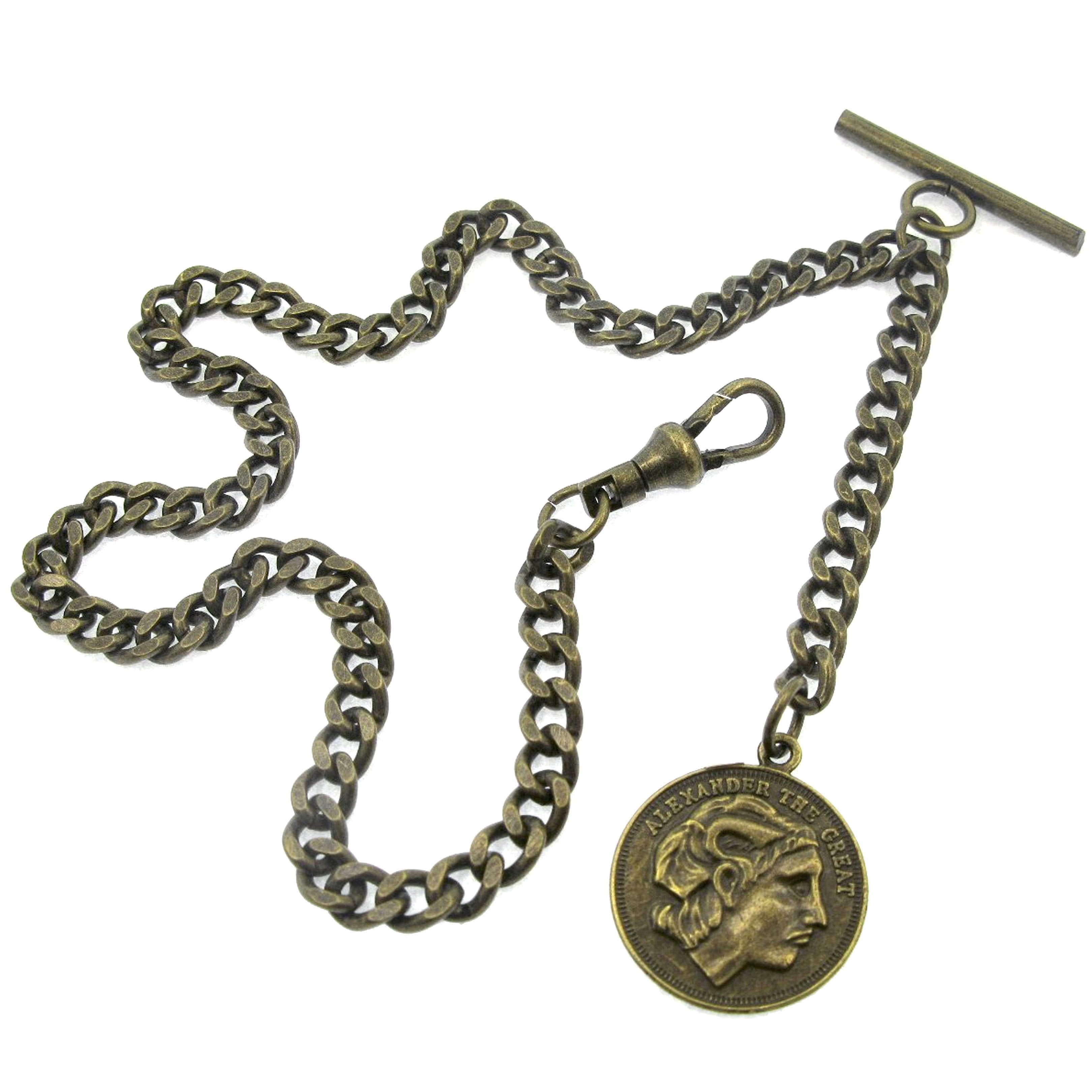 Albert Chain Bronze Color Pocket Watch Chain Fob Chain with Alexander The Great Medal Fob T Bar Swivel Clasp AC193
