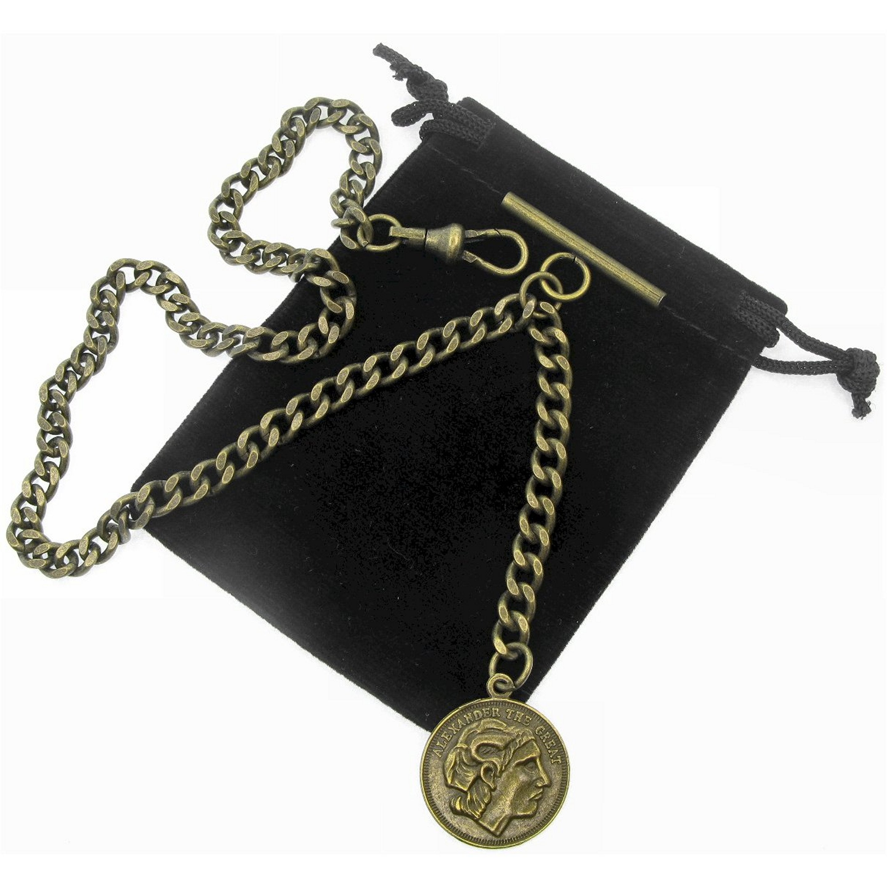 Albert Chain Bronze Color Pocket Watch Chain Fob Chain with Alexander The Great Medal Fob T Bar Swivel Clasp AC193