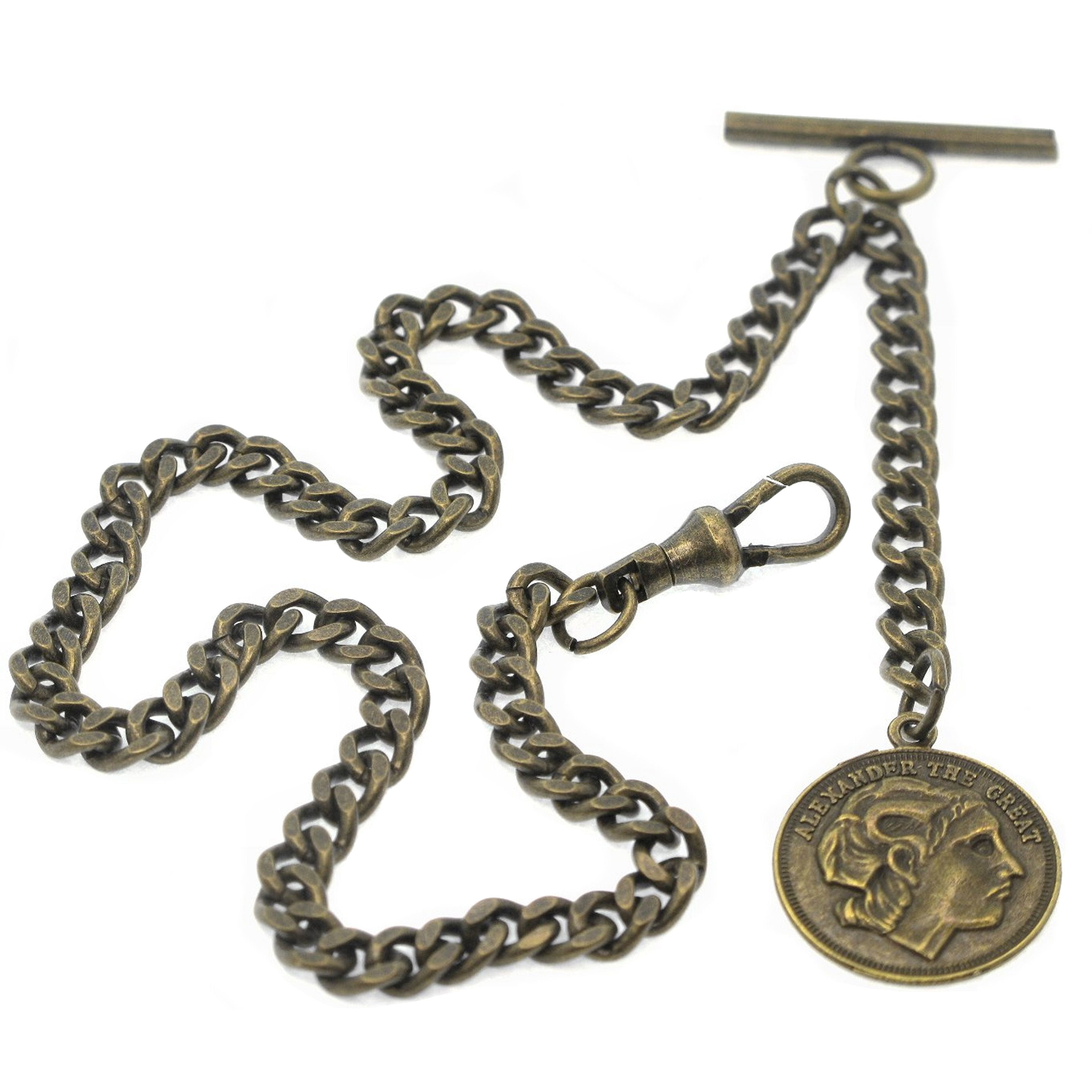 Albert Chain Bronze Color Pocket Watch Chain Fob Chain with Alexander The Great Medal Fob T Bar Swivel Clasp AC193