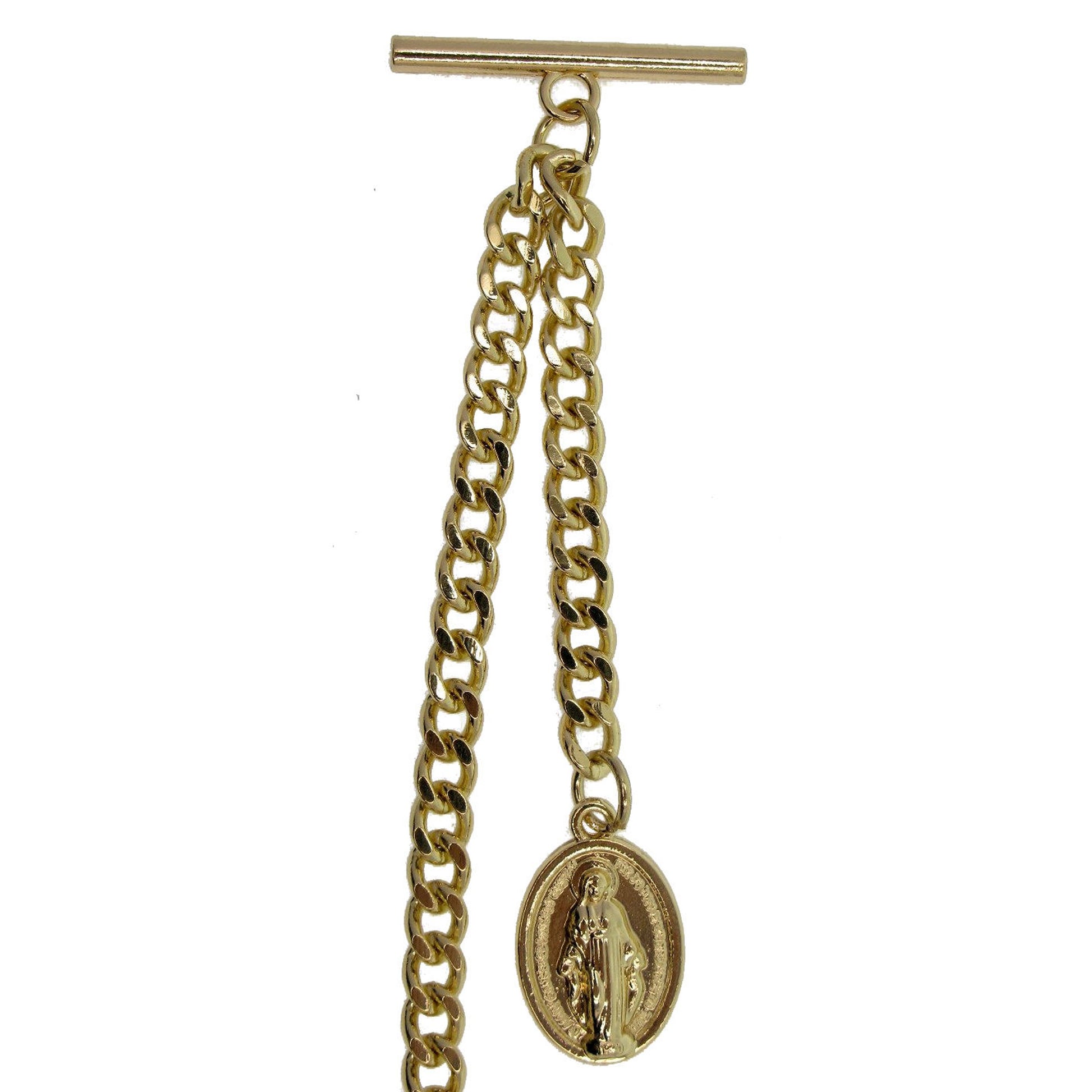 watchvshop Albert Chain Gold Color Pocket Watch Chain Fob Chain for Men with Saint Mary Medal Fob Swivel Clasp and T Bar AC194