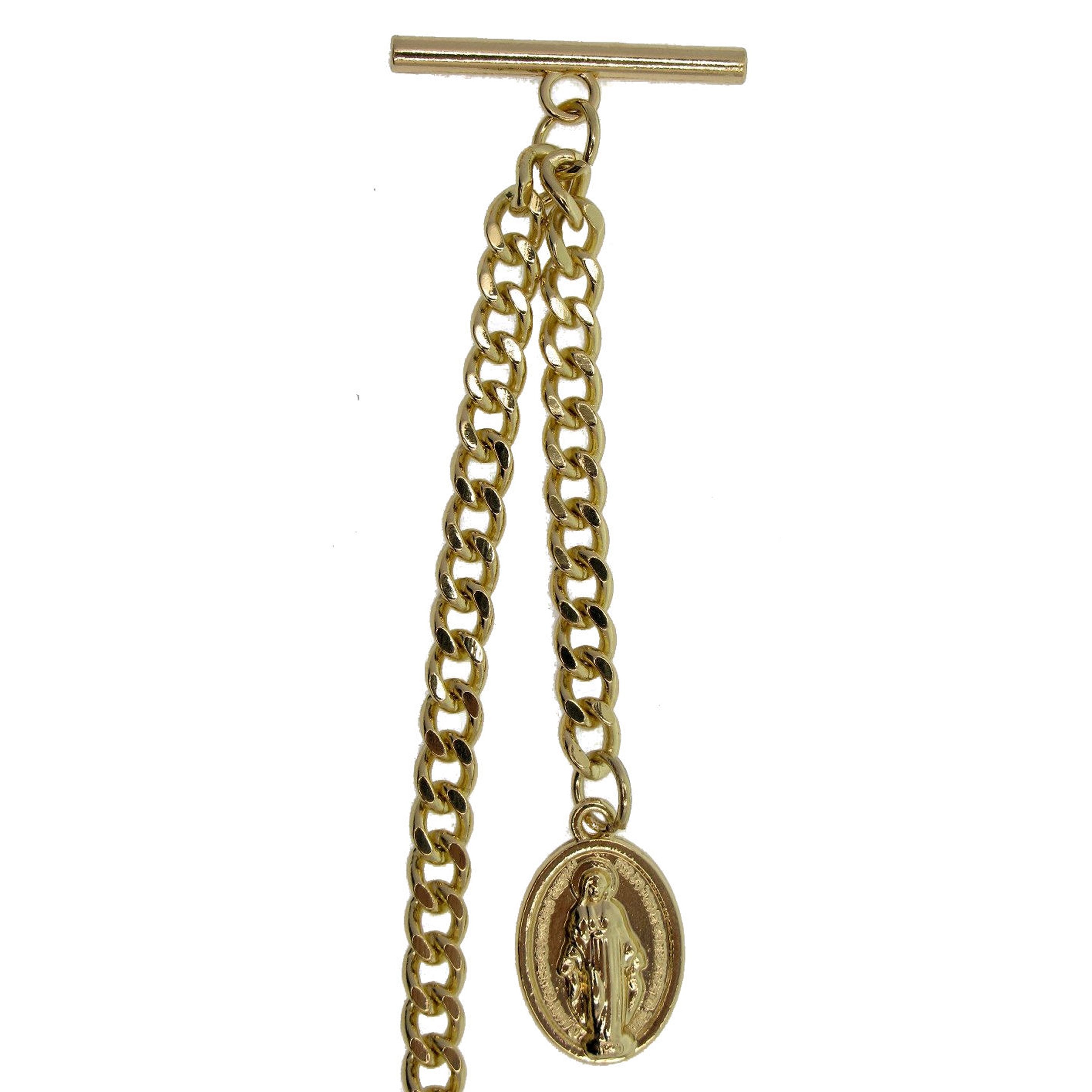 watchvshop Albert Chain Gold Color Pocket Watch Chain Fob Chain for Men with Saint Mary Medal Fob Swivel Clasp and T Bar AC194