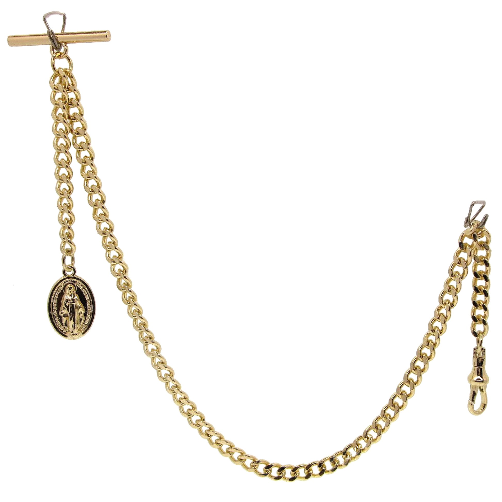 watchvshop Albert Chain Gold Color Pocket Watch Chain Fob Chain for Men with Saint Mary Medal Fob Swivel Clasp and T Bar AC194