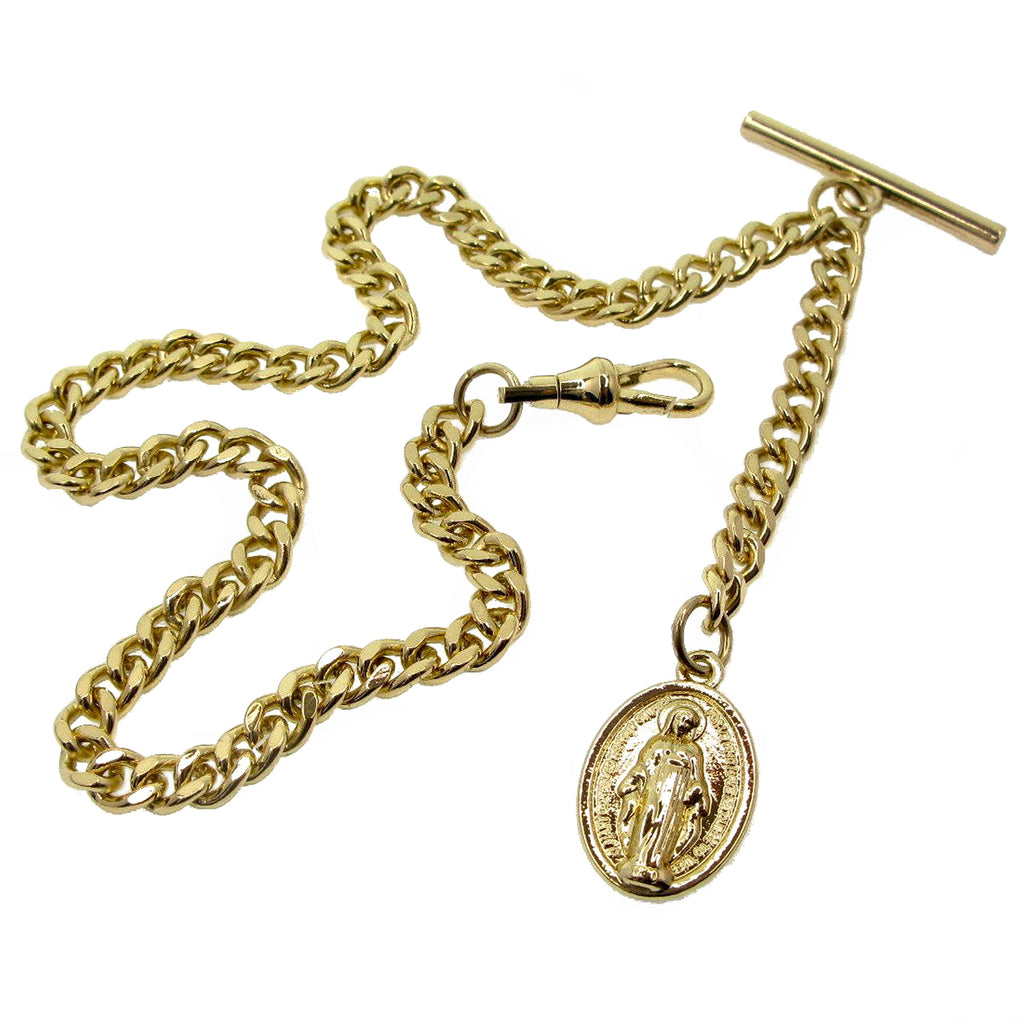 watchvshop Albert Chain Gold Color Pocket Watch Chain Fob Chain for Men with Saint Mary Medal Fob Swivel Clasp and T Bar AC194