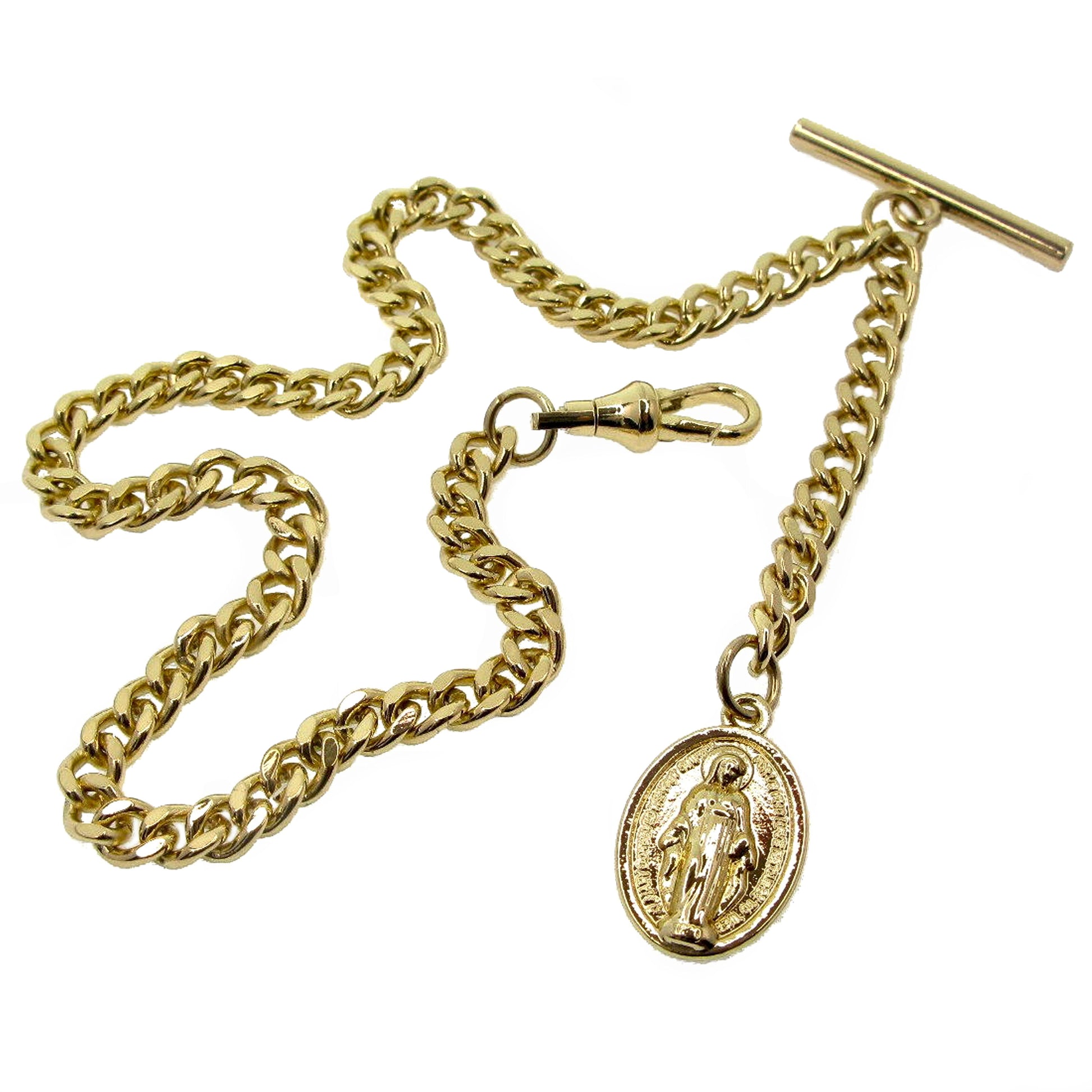 watchvshop Albert Chain Gold Color Pocket Watch Chain Fob Chain for Men with Saint Mary Medal Fob Swivel Clasp and T Bar AC194