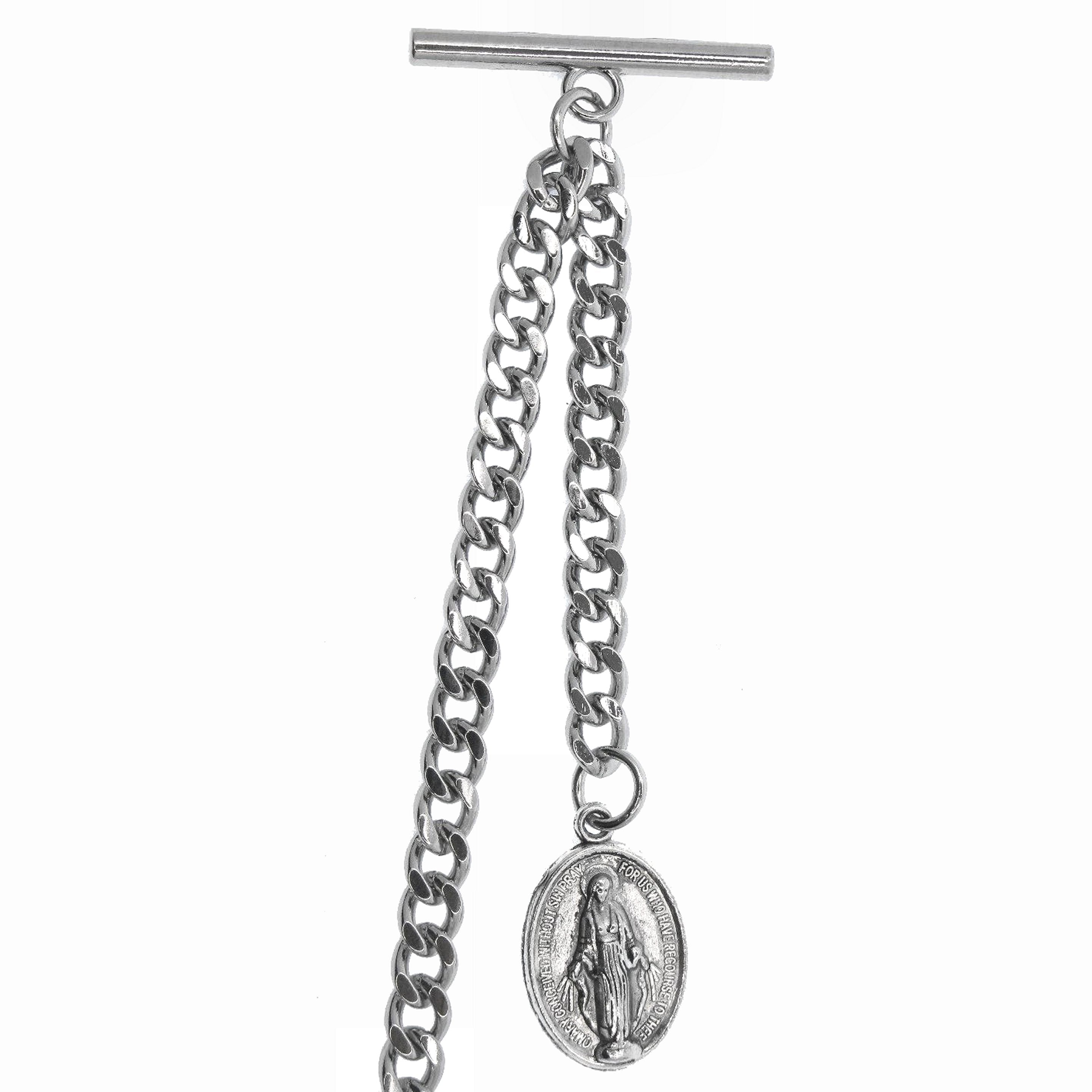 Albert Chain Silver Color Pocket Watch Chain Fob Chain for Men Saint Mary Design Medal Fob with T Bar Swivel Clasp AC195