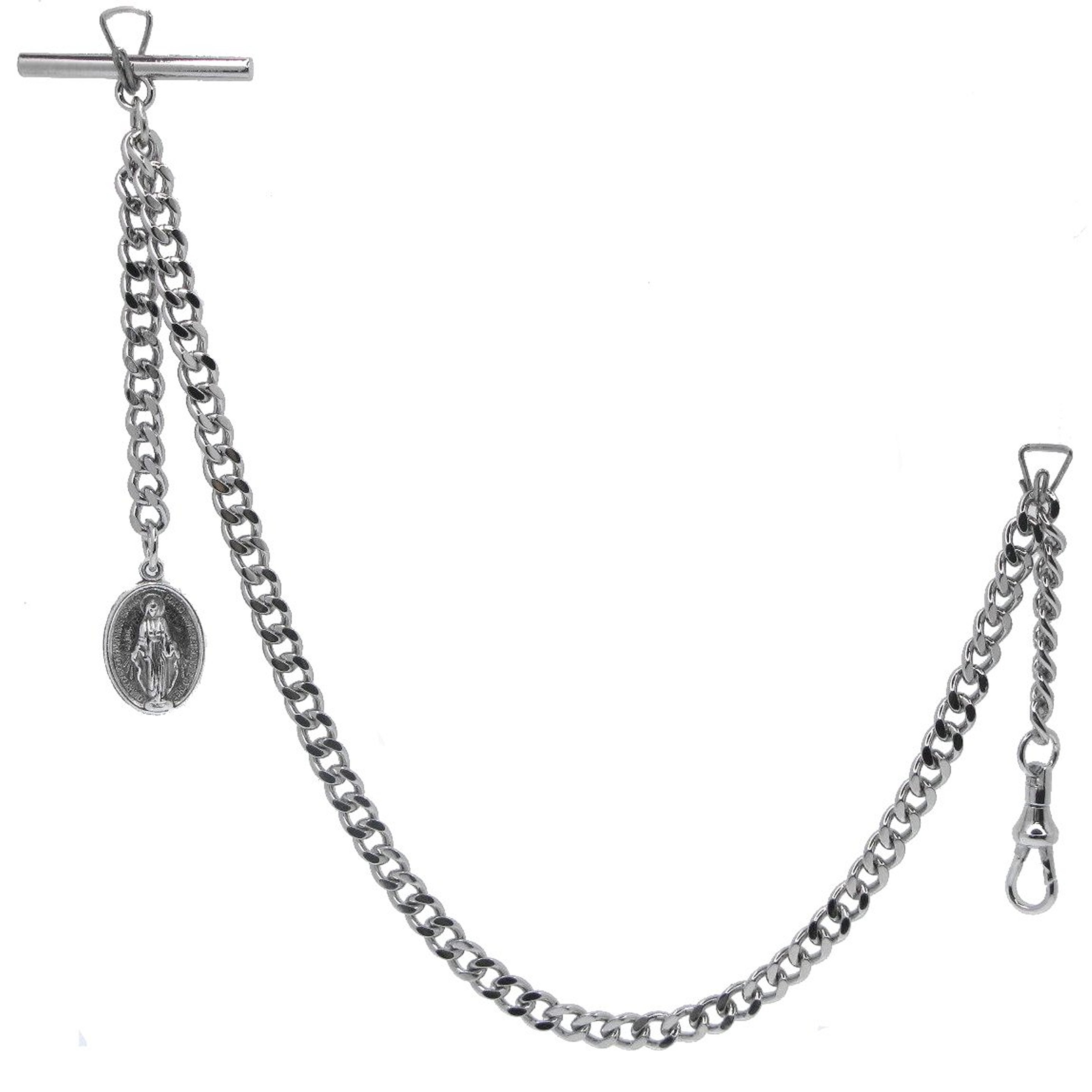 Albert Chain Silver Color Pocket Watch Chain Fob Chain for Men Saint Mary Design Medal Fob with T Bar Swivel Clasp AC195