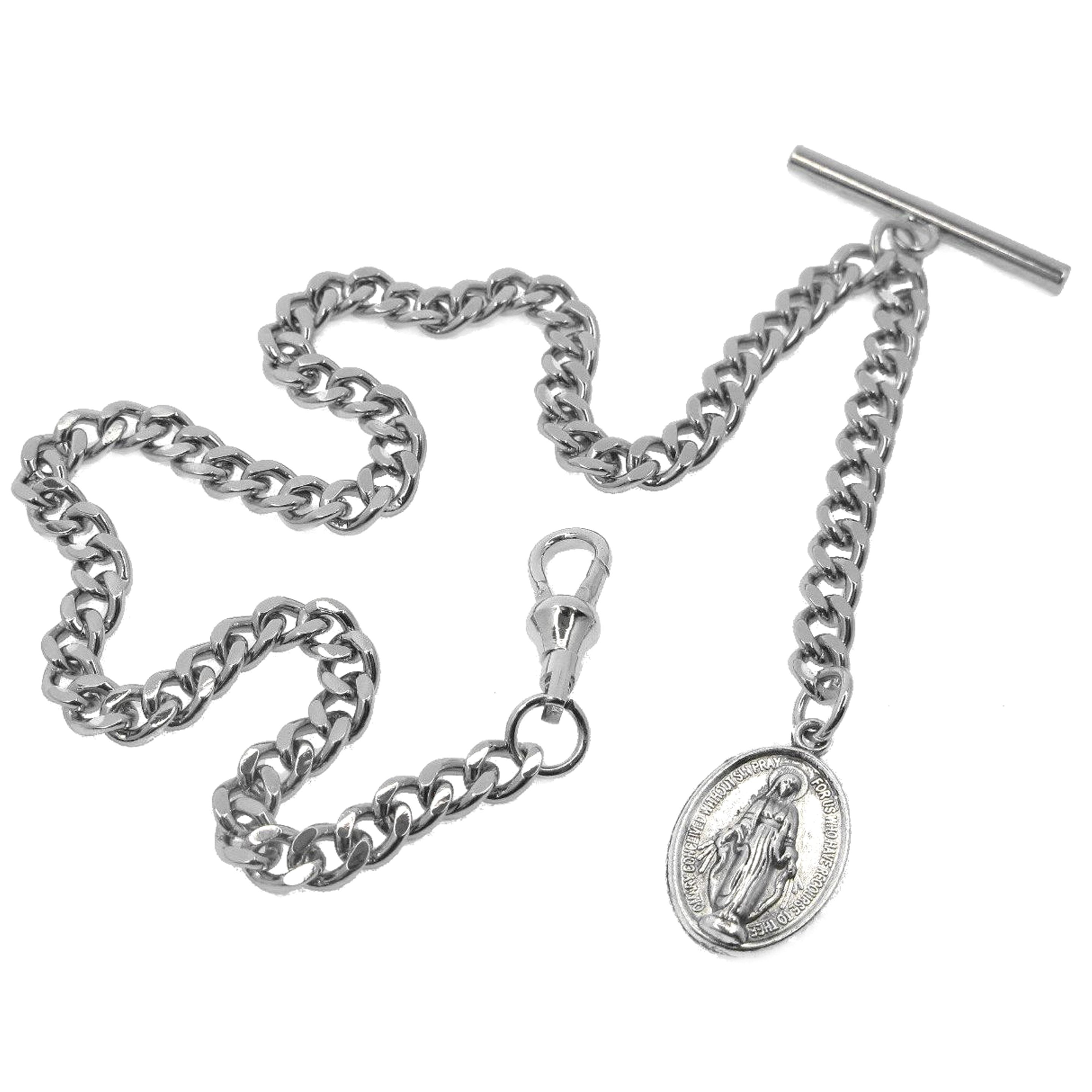 Albert Chain Silver Color Pocket Watch Chain Fob Chain for Men Saint Mary Design Medal Fob with T Bar Swivel Clasp AC195