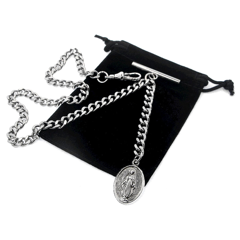 Albert Chain Silver Color Pocket Watch Chain Fob Chain for Men Saint Mary Design Medal Fob with T Bar Swivel Clasp AC195