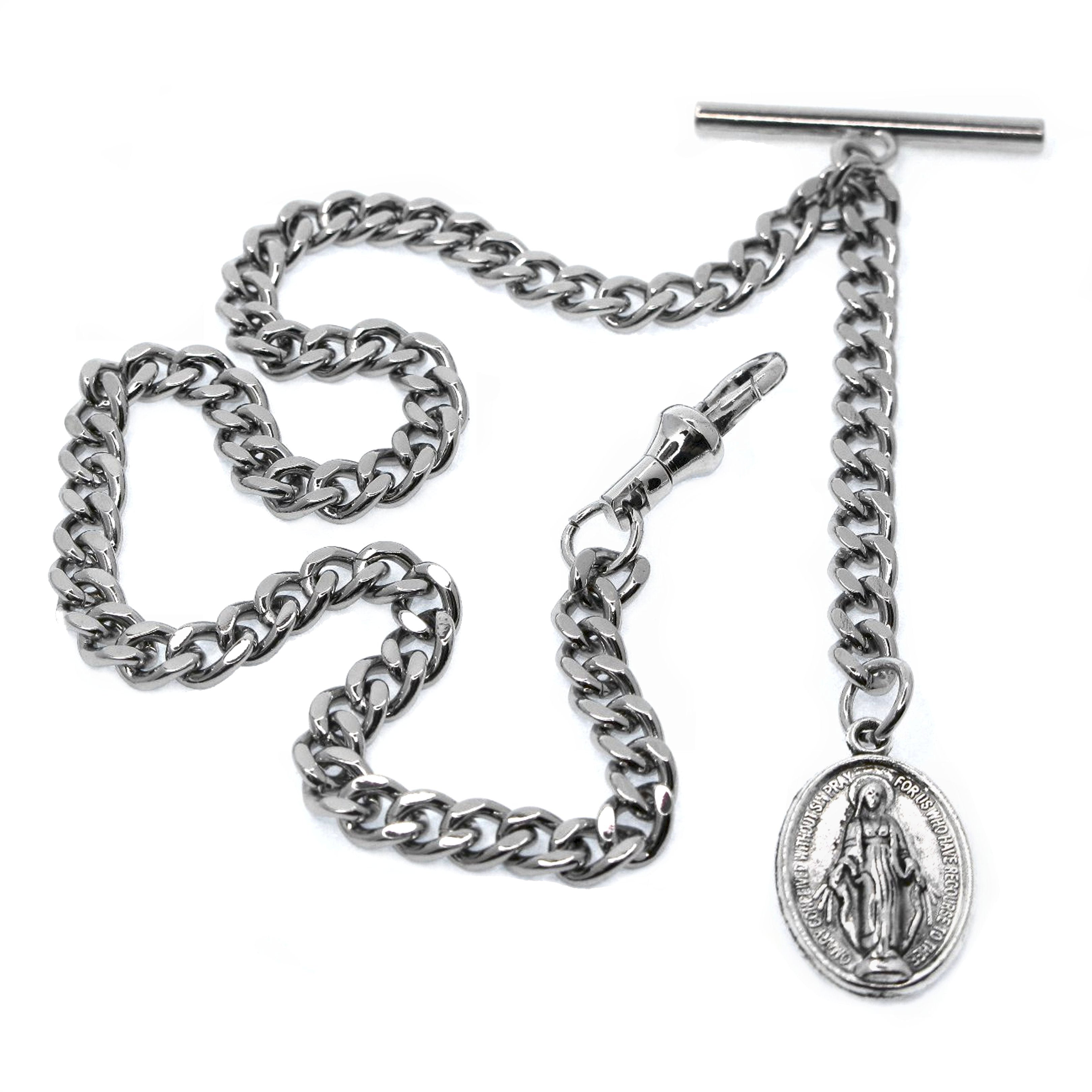 Albert Chain Silver Color Pocket Watch Chain Fob Chain for Men Saint Mary Design Medal Fob with T Bar Swivel Clasp AC195