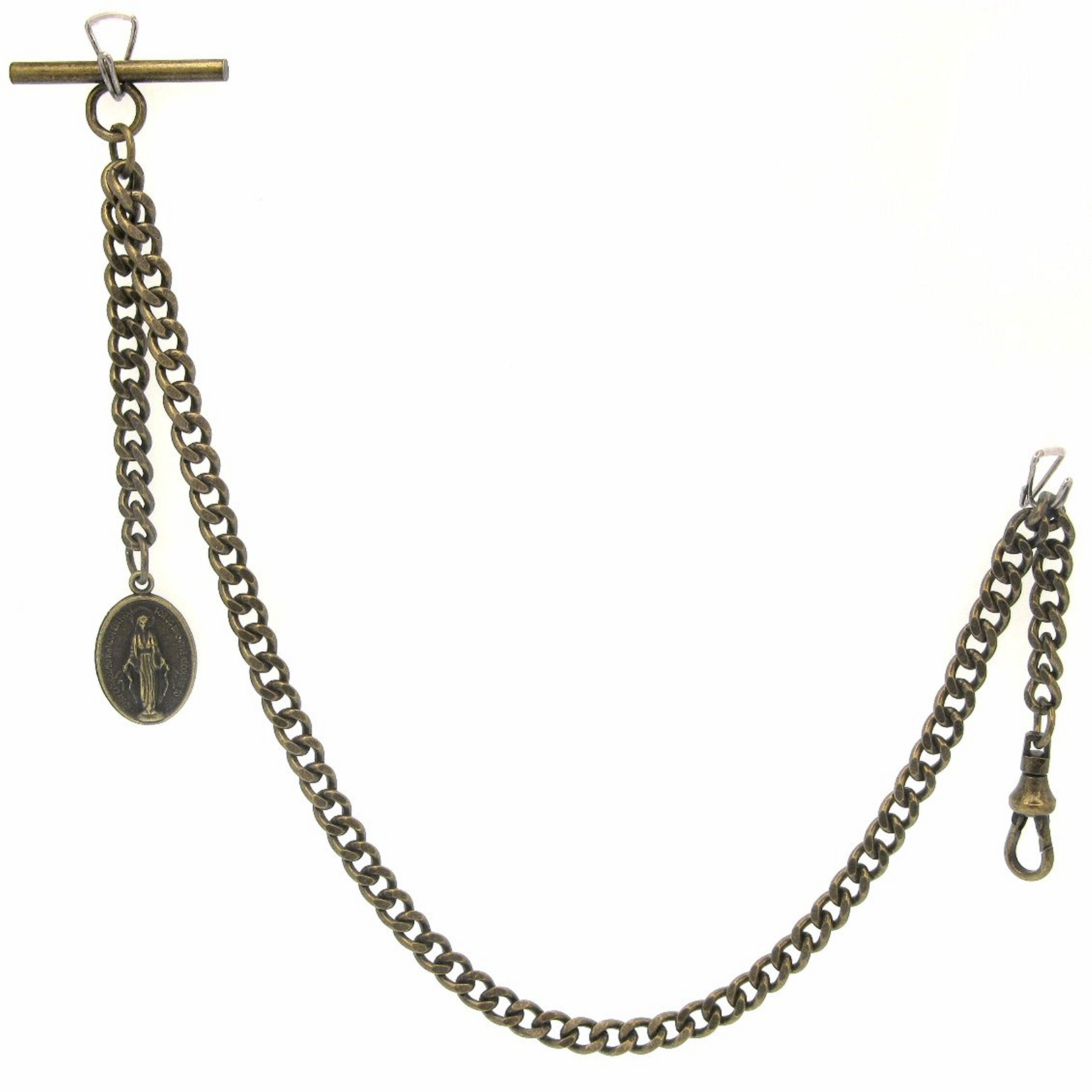 Albert Chain Bronze Color Pocket Watch Chain Fob Chain for Men with Saint Mary Medal Fob T Bar Swivel Clasp AC196