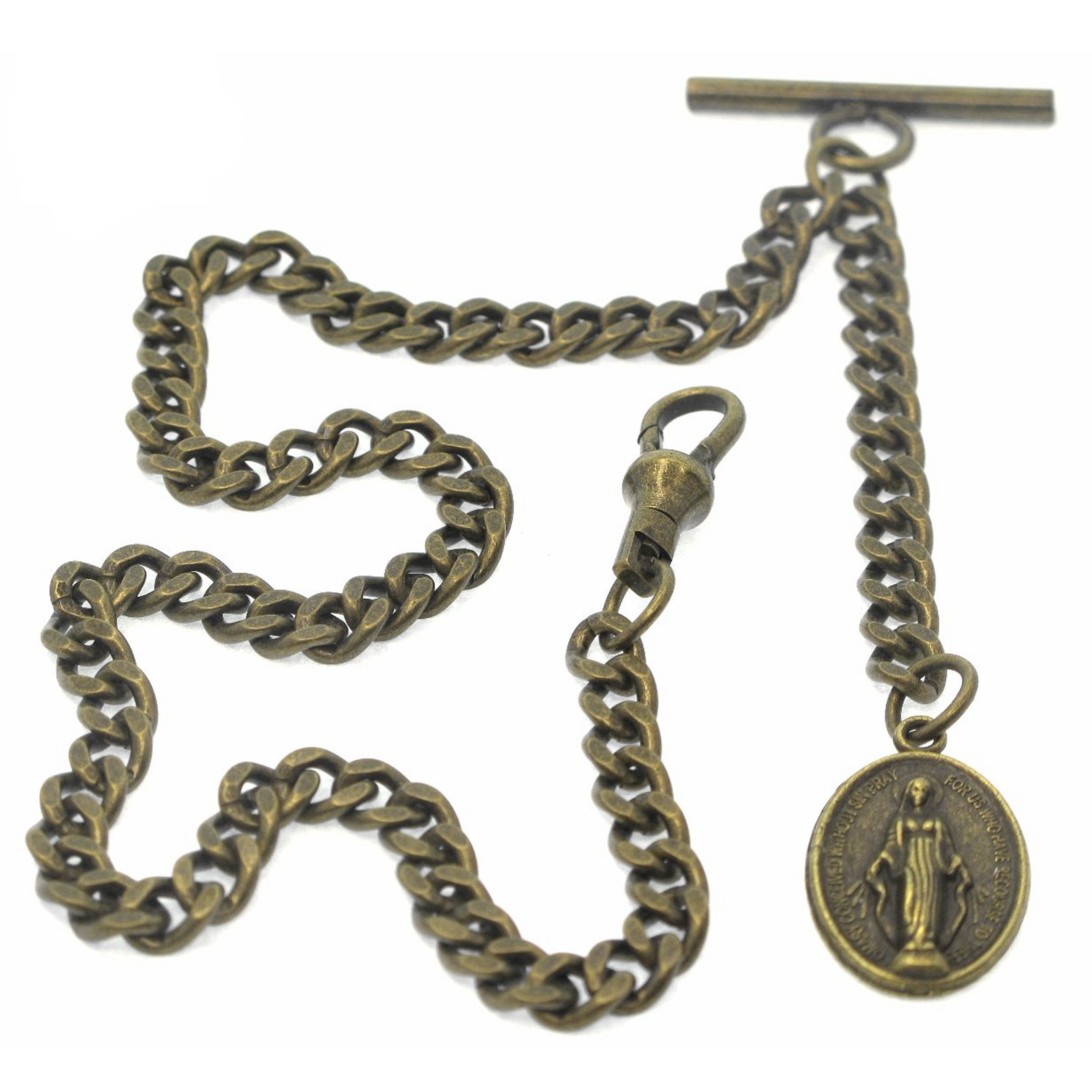Albert Chain Bronze Color Pocket Watch Chain Fob Chain for Men with Saint Mary Medal Fob T Bar Swivel Clasp AC196